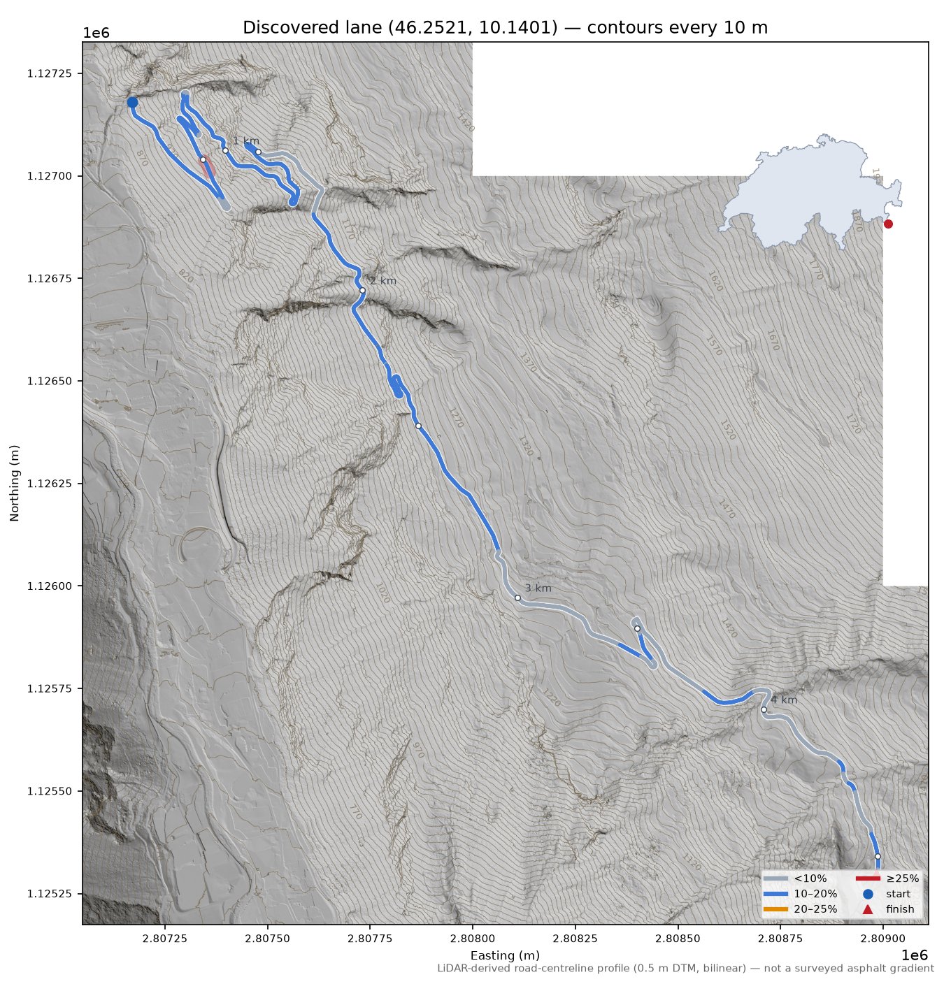 Discovered lane (46.2521, 10.1401) LiDAR hillshade map with contours