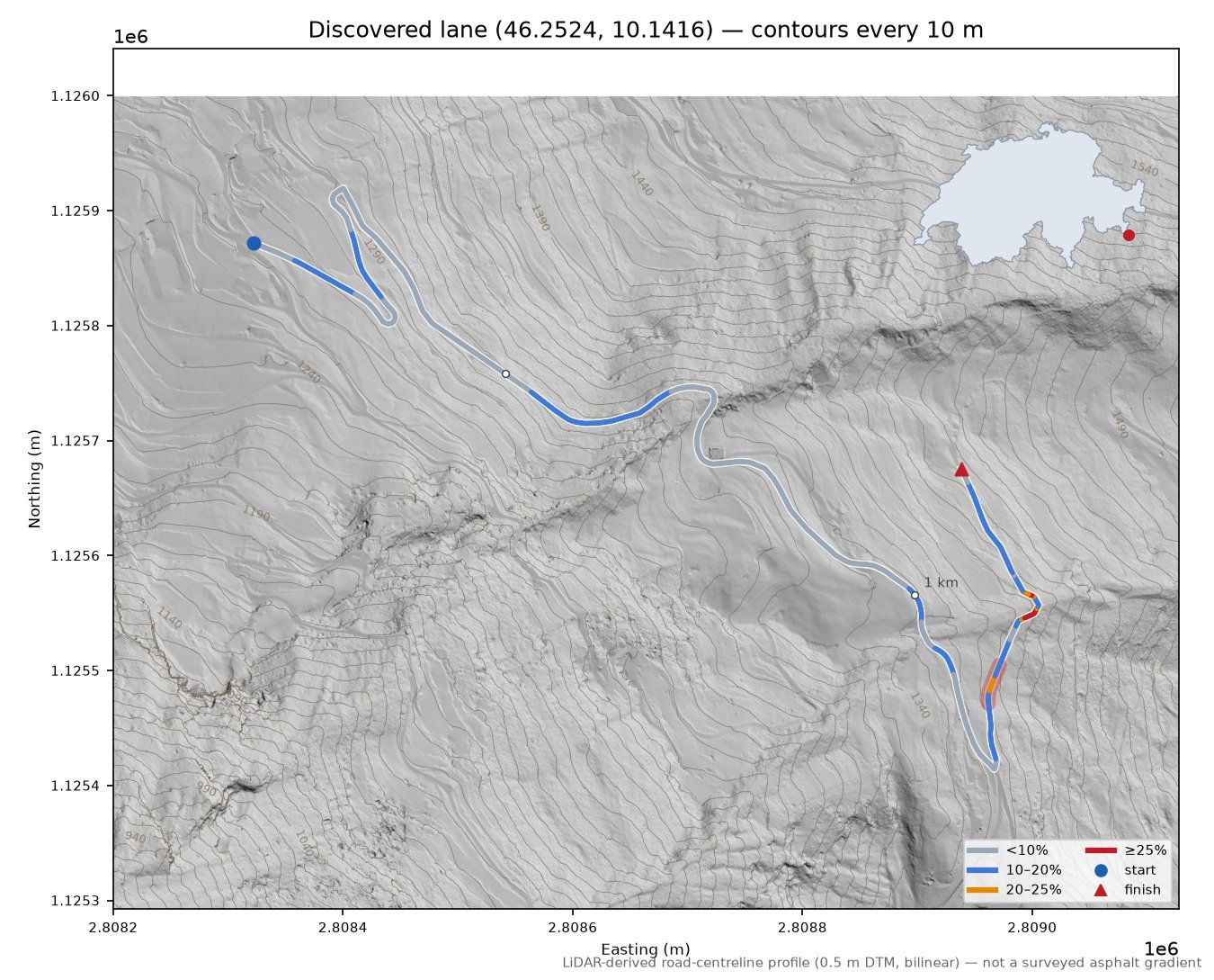Discovered lane (46.2524, 10.1416) LiDAR hillshade map with contours