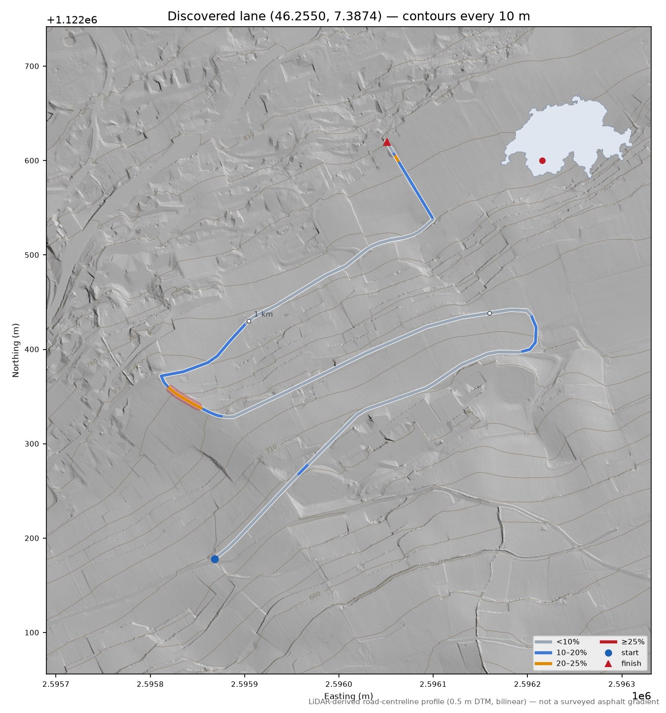 Discovered lane (46.2550, 7.3874) LiDAR hillshade map with contours