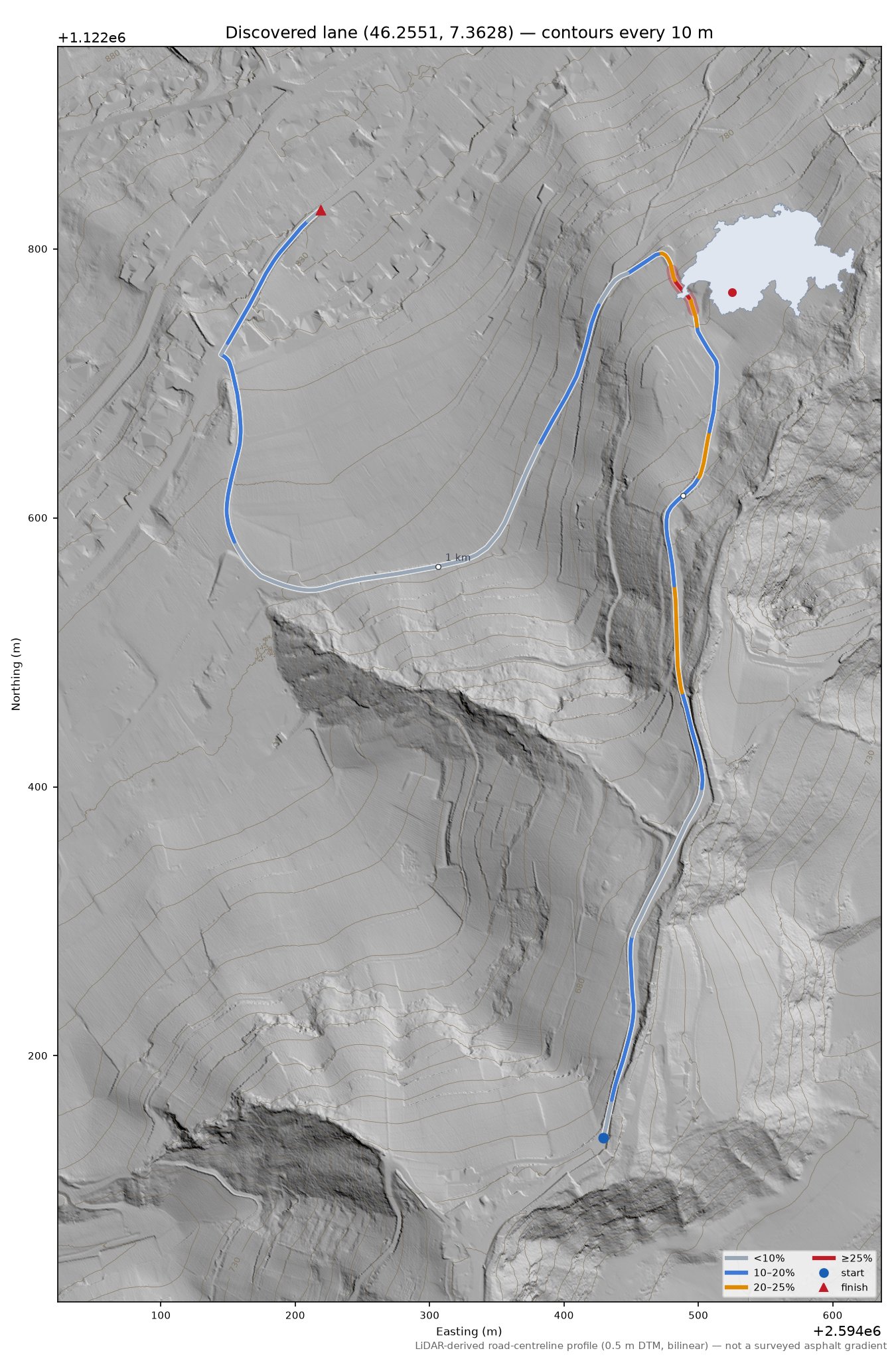 Discovered lane (46.2551, 7.3628) LiDAR hillshade map with contours