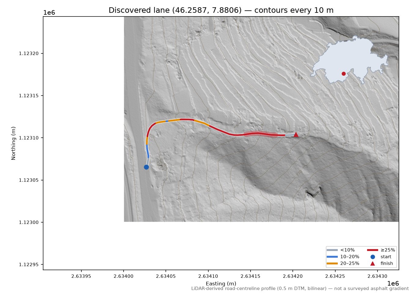 Discovered lane (46.2587, 7.8806) LiDAR hillshade map with contours