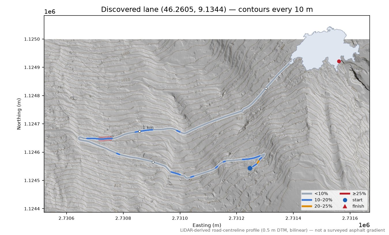 Discovered lane (46.2605, 9.1344) LiDAR hillshade map with contours