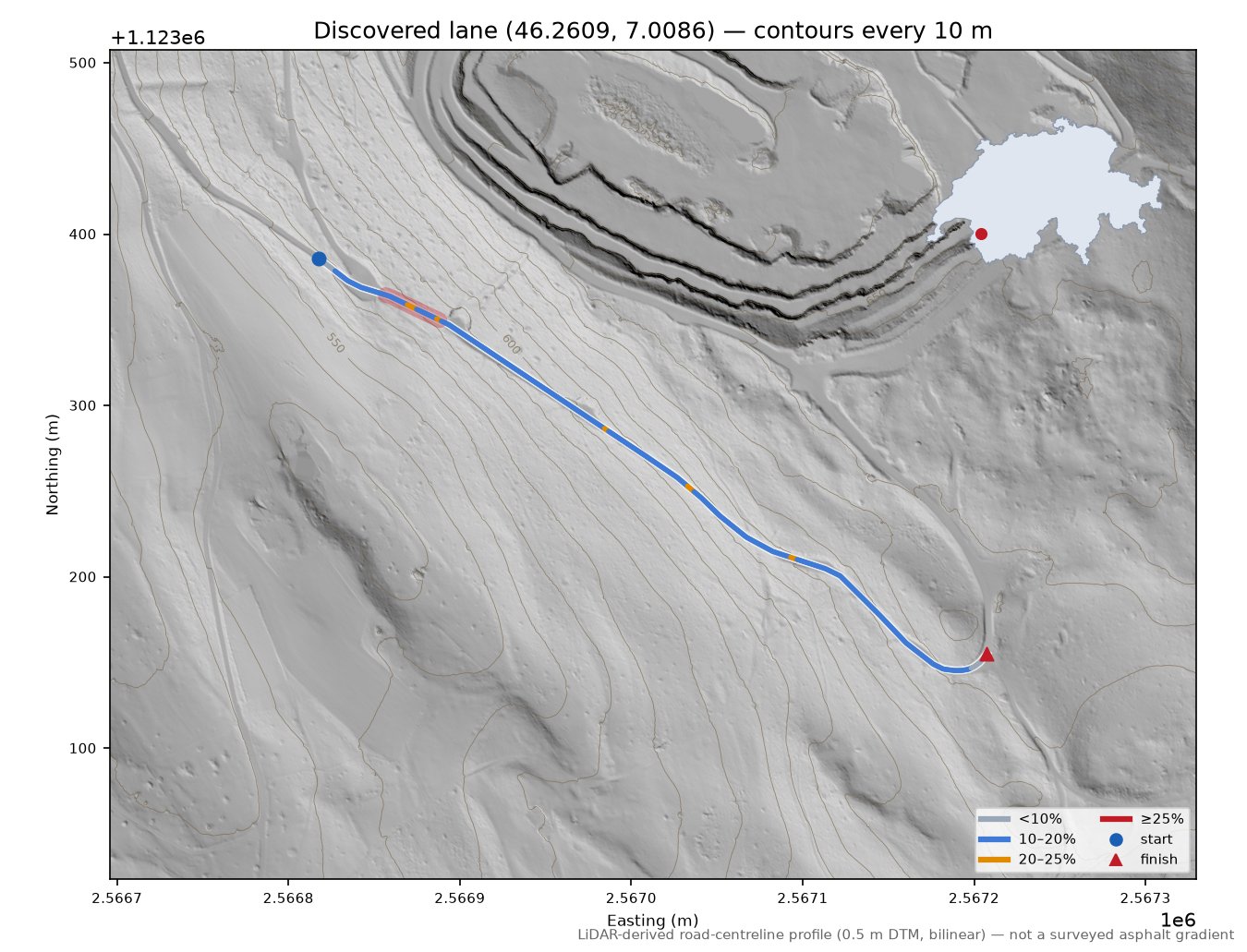 Discovered lane (46.2609, 7.0086) LiDAR hillshade map with contours