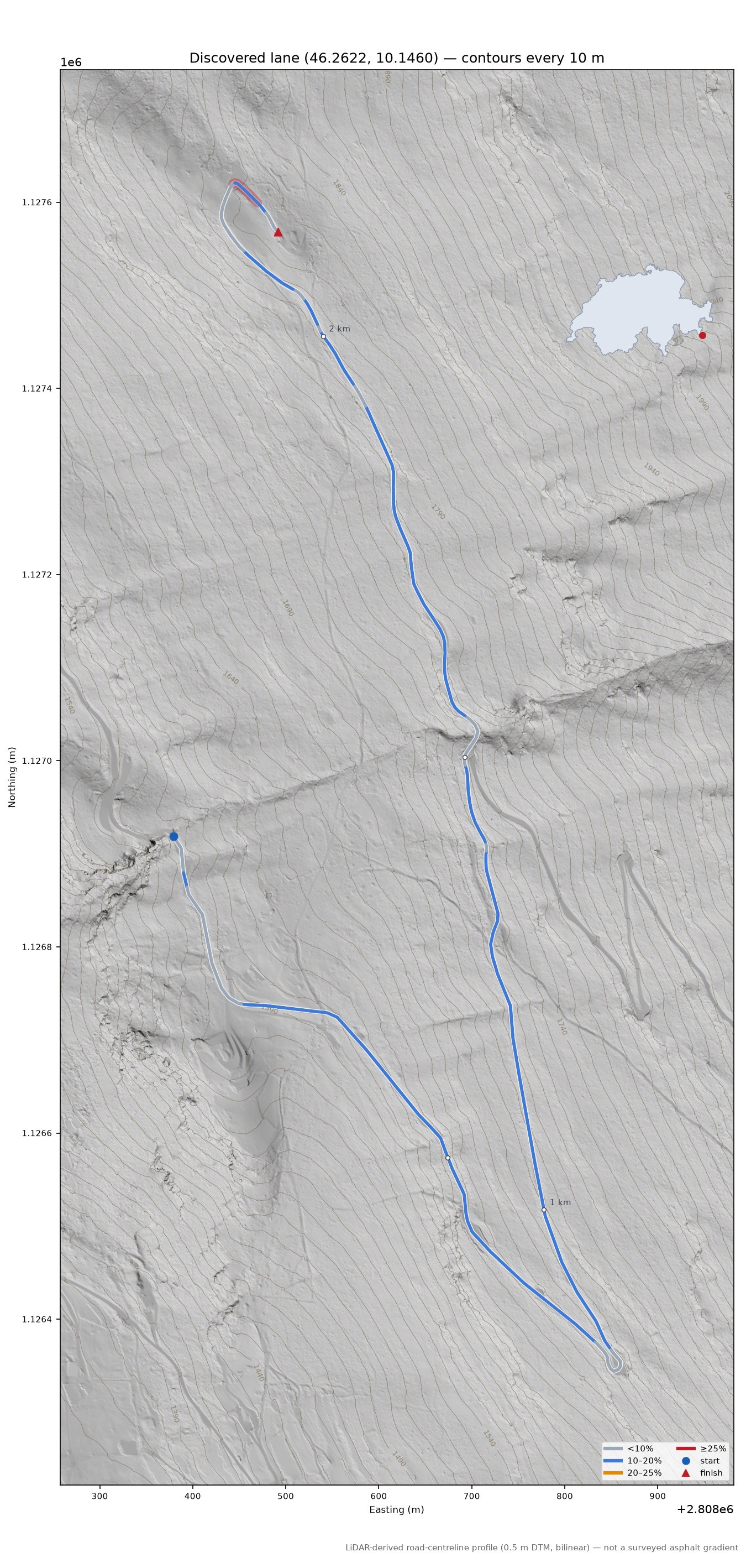 Discovered lane (46.2622, 10.1460) LiDAR hillshade map with contours