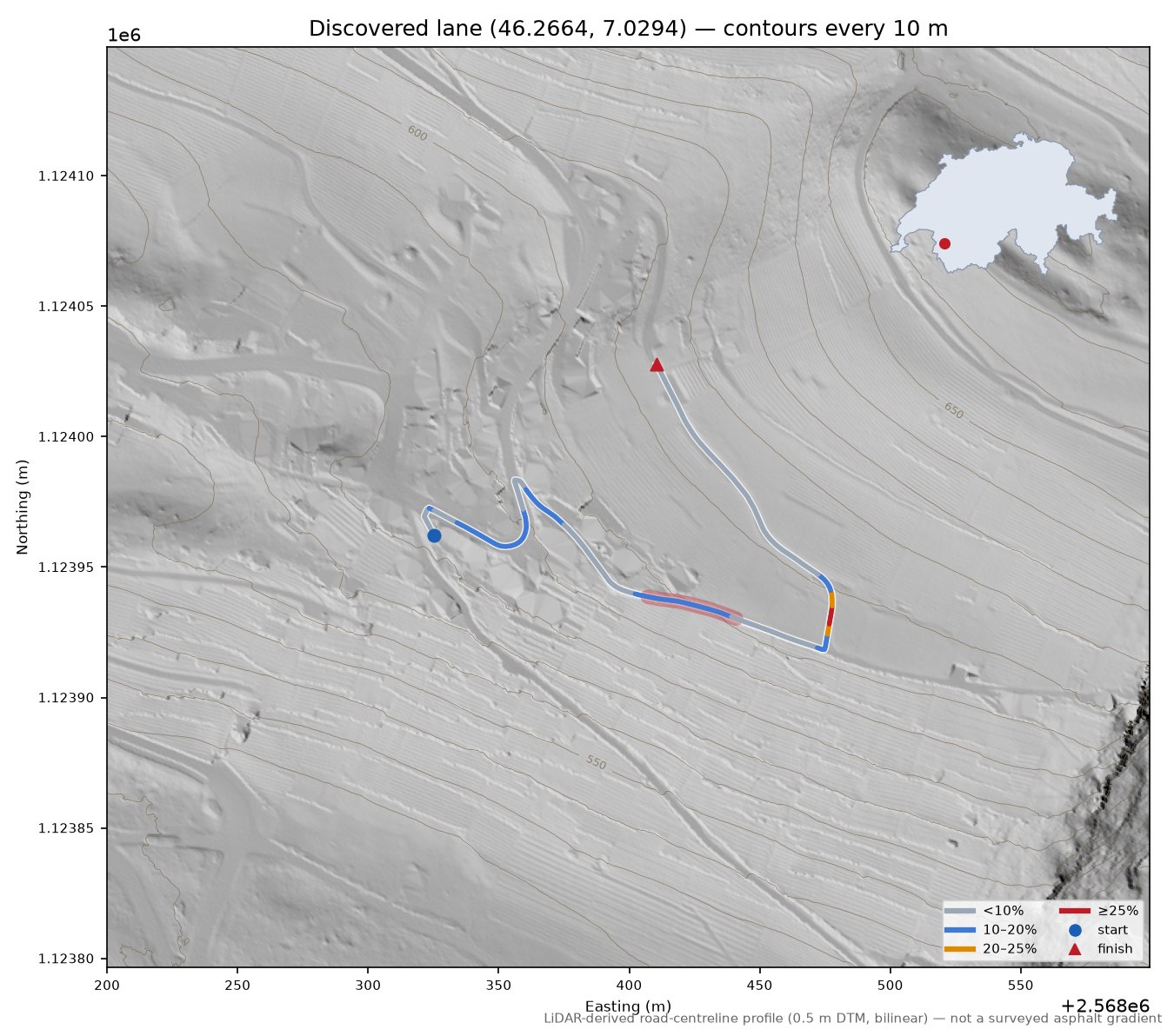 Discovered lane (46.2664, 7.0294) LiDAR hillshade map with contours