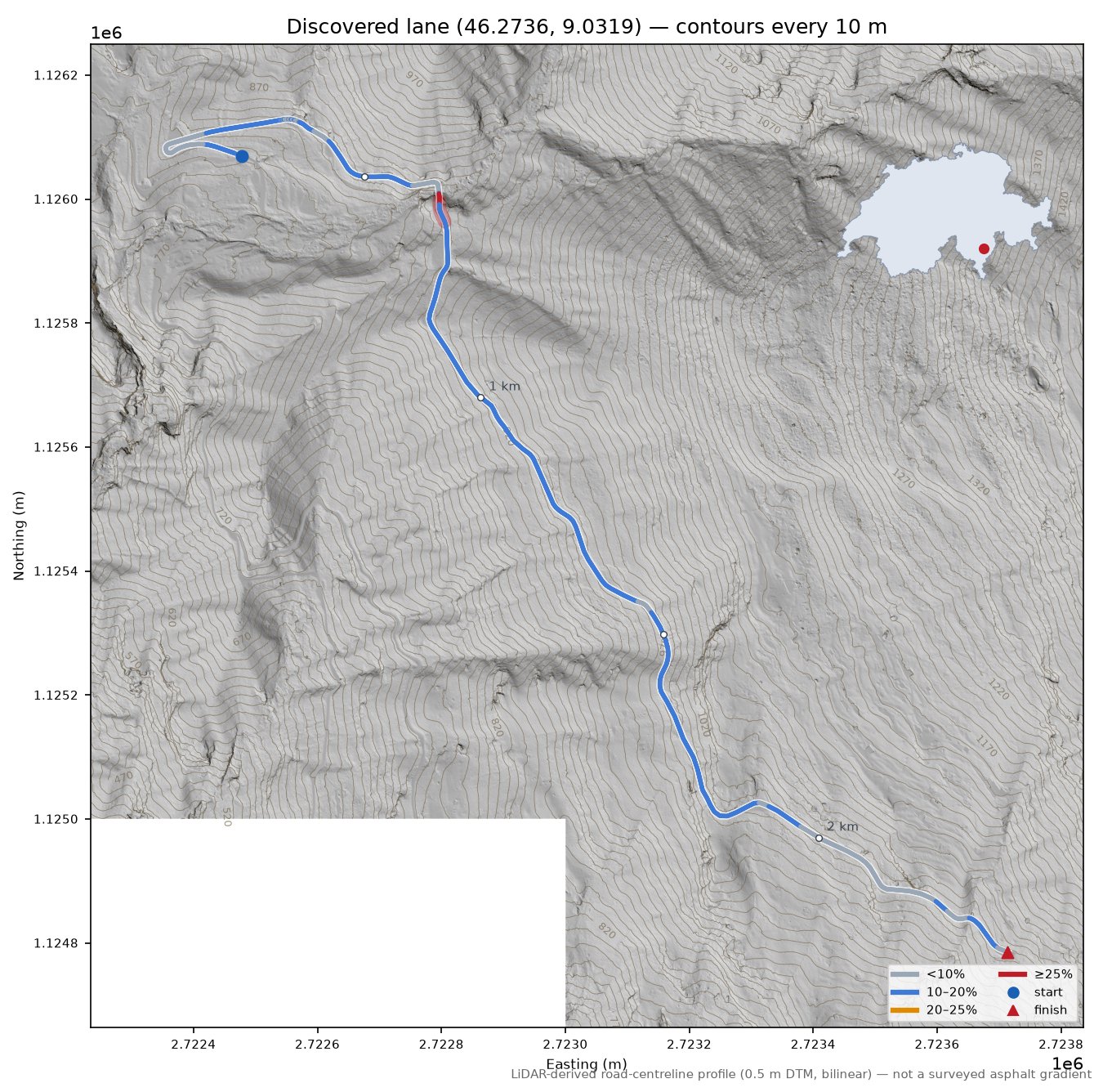Discovered lane (46.2736, 9.0319) LiDAR hillshade map with contours