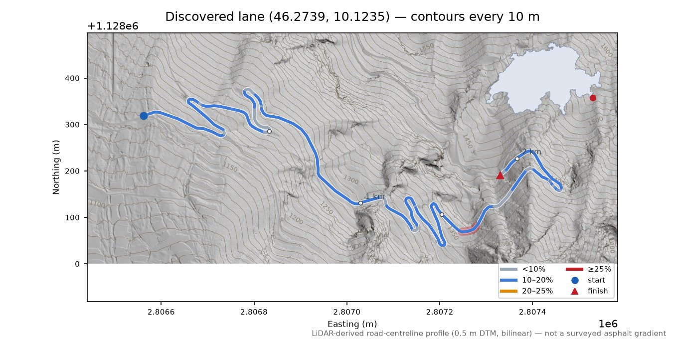 Discovered lane (46.2739, 10.1235) LiDAR hillshade map with contours