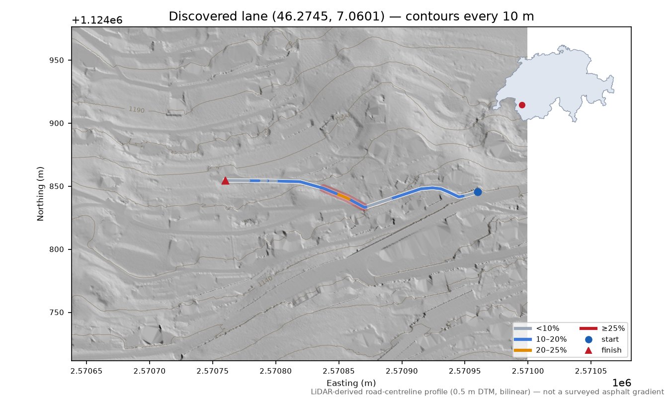 Discovered lane (46.2745, 7.0601) LiDAR hillshade map with contours