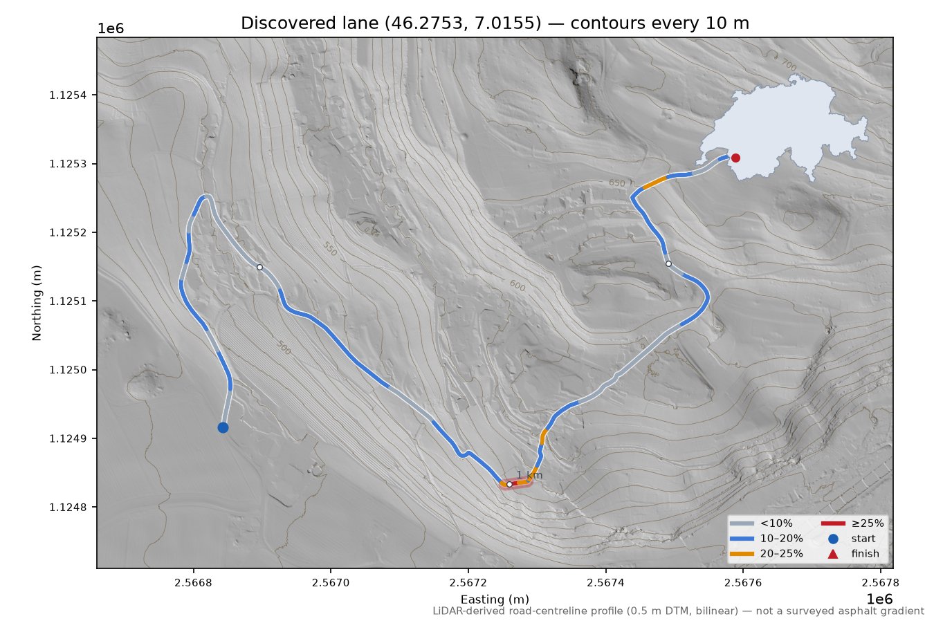 Discovered lane (46.2753, 7.0155) LiDAR hillshade map with contours