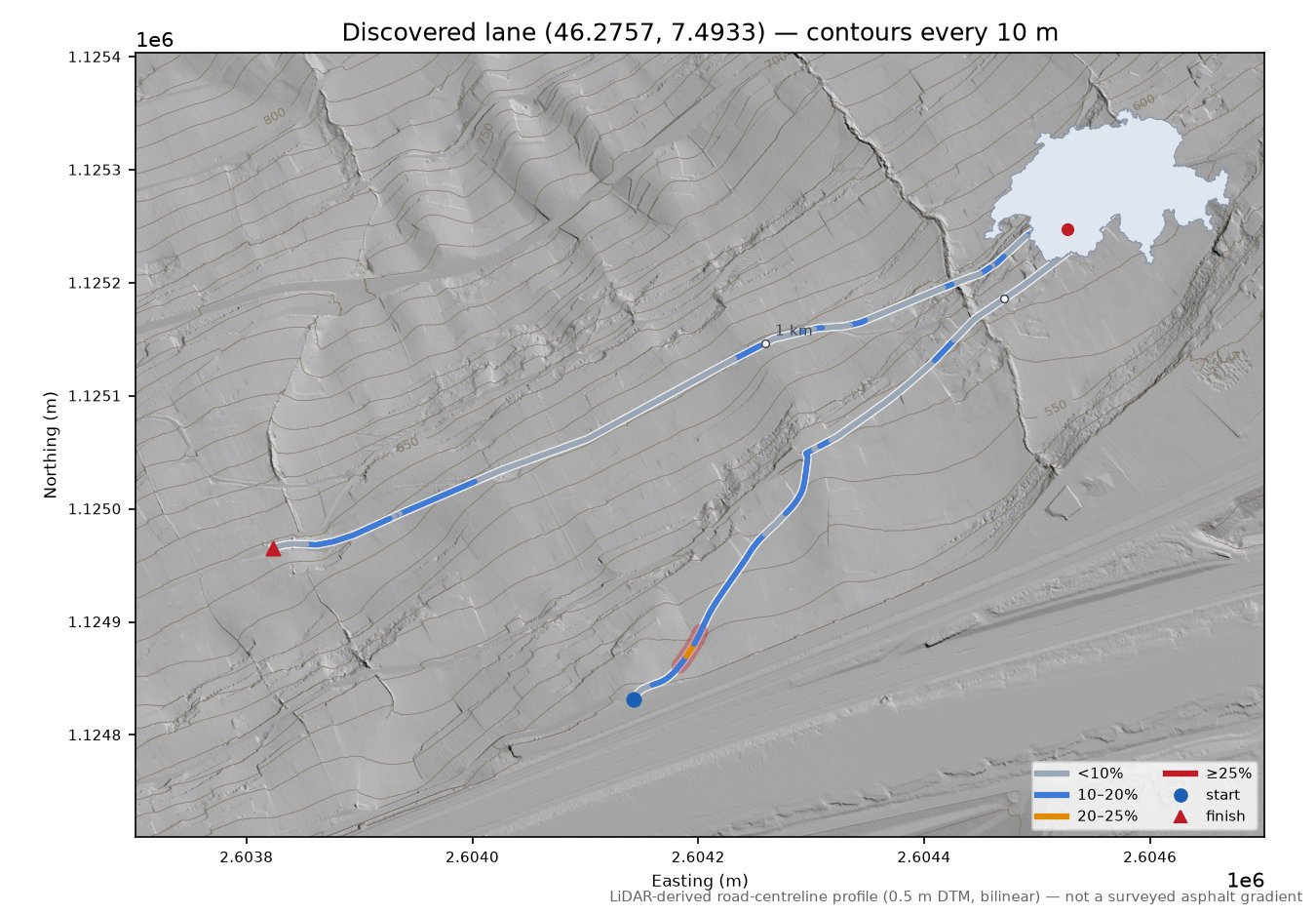 Discovered lane (46.2757, 7.4933) LiDAR hillshade map with contours