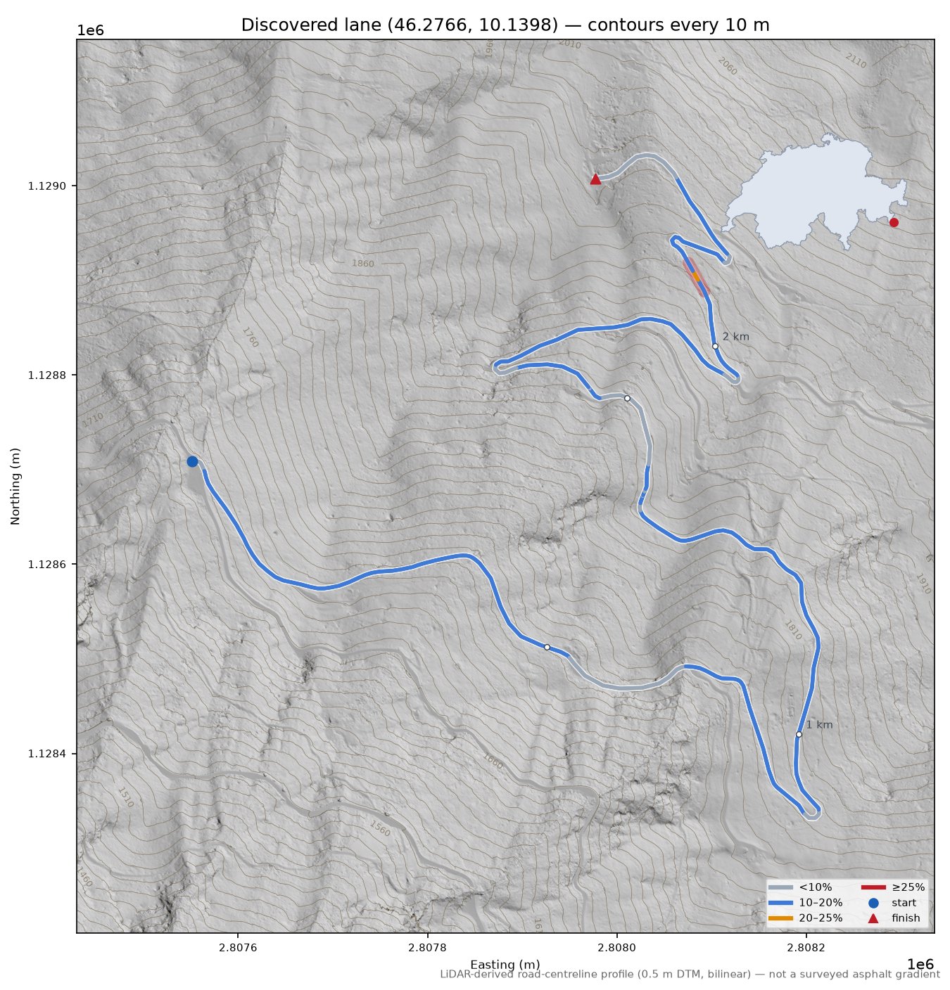 Discovered lane (46.2766, 10.1398) LiDAR hillshade map with contours