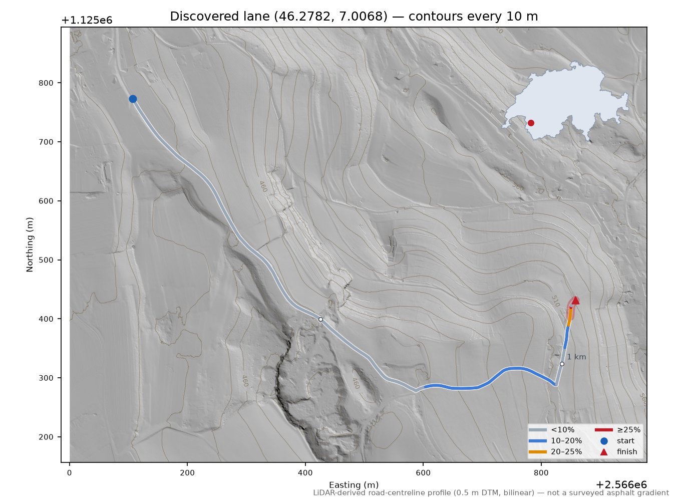 Discovered lane (46.2782, 7.0068) LiDAR hillshade map with contours
