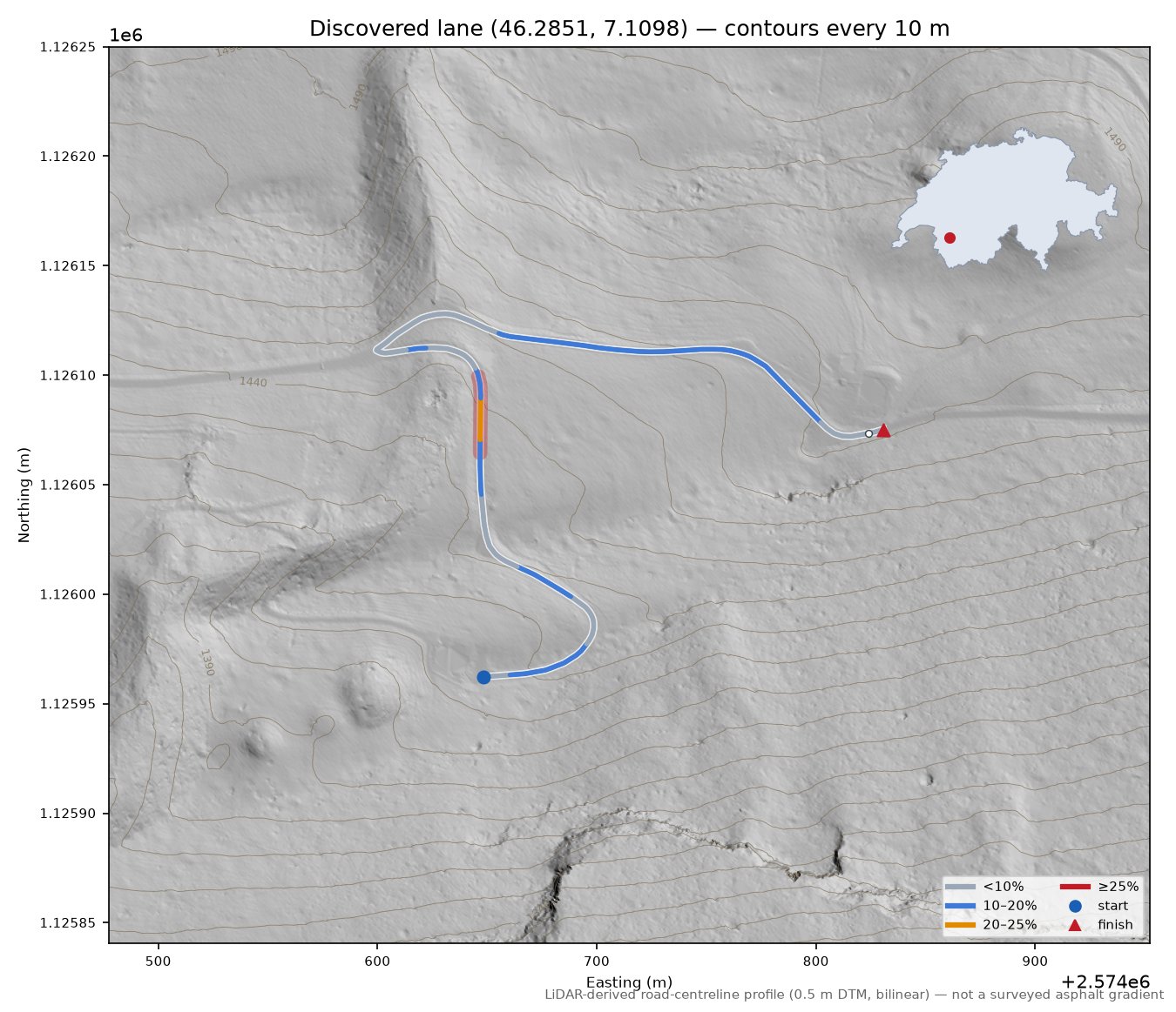 Discovered lane (46.2851, 7.1098) LiDAR hillshade map with contours