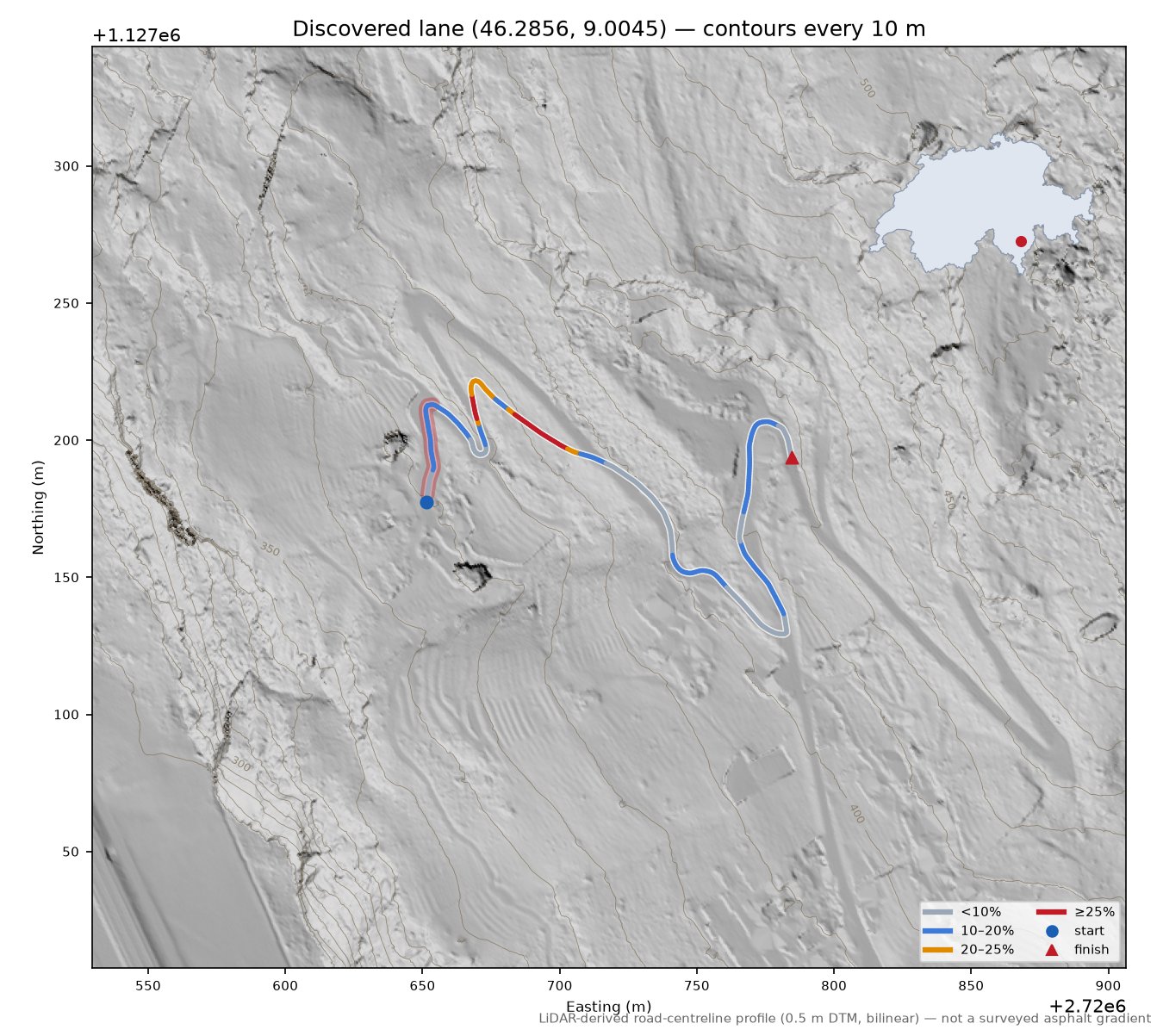 Discovered lane (46.2856, 9.0045) LiDAR hillshade map with contours