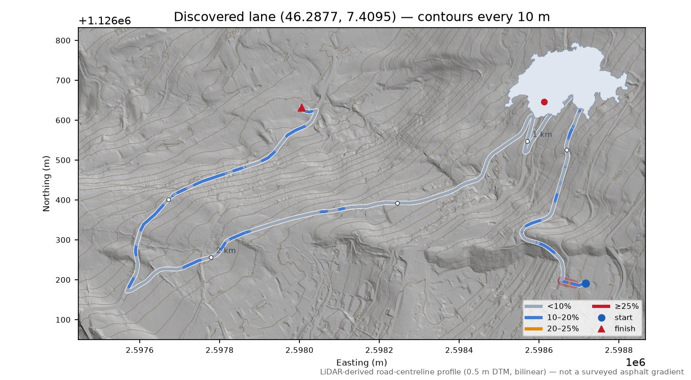 Discovered lane (46.2877, 7.4095) LiDAR hillshade map with contours