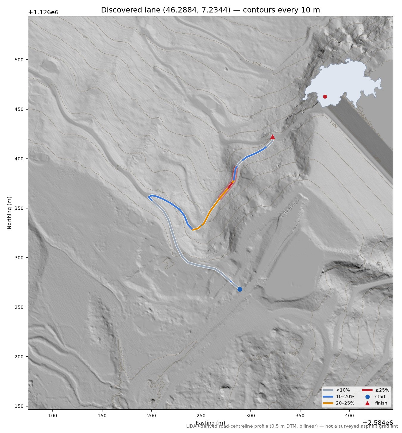 Discovered lane (46.2884, 7.2344) LiDAR hillshade map with contours