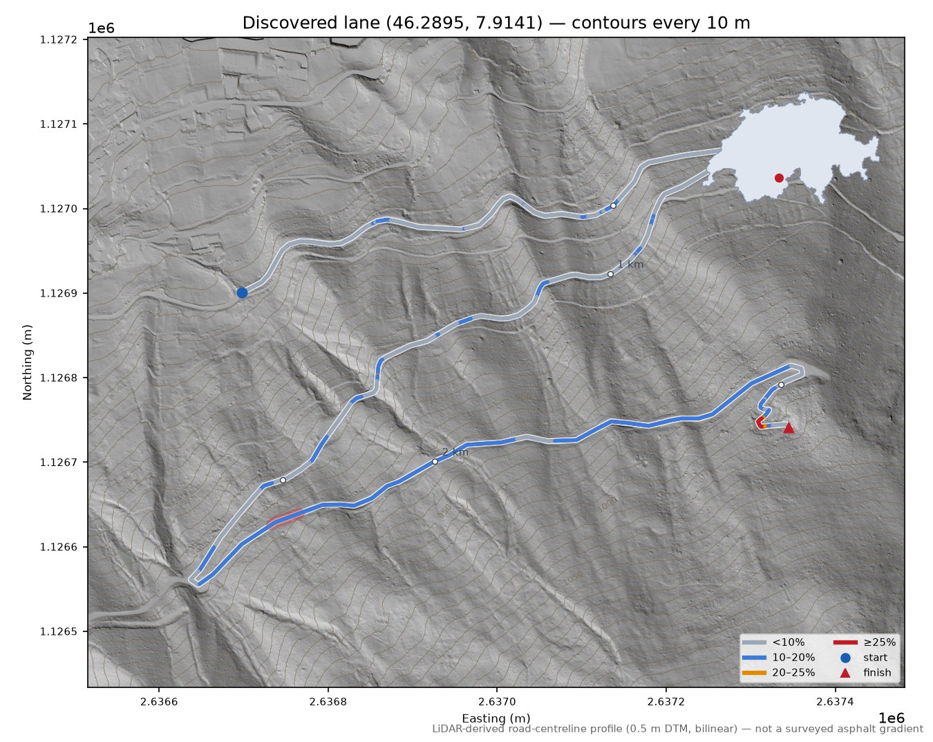 Discovered lane (46.2895, 7.9141) LiDAR hillshade map with contours
