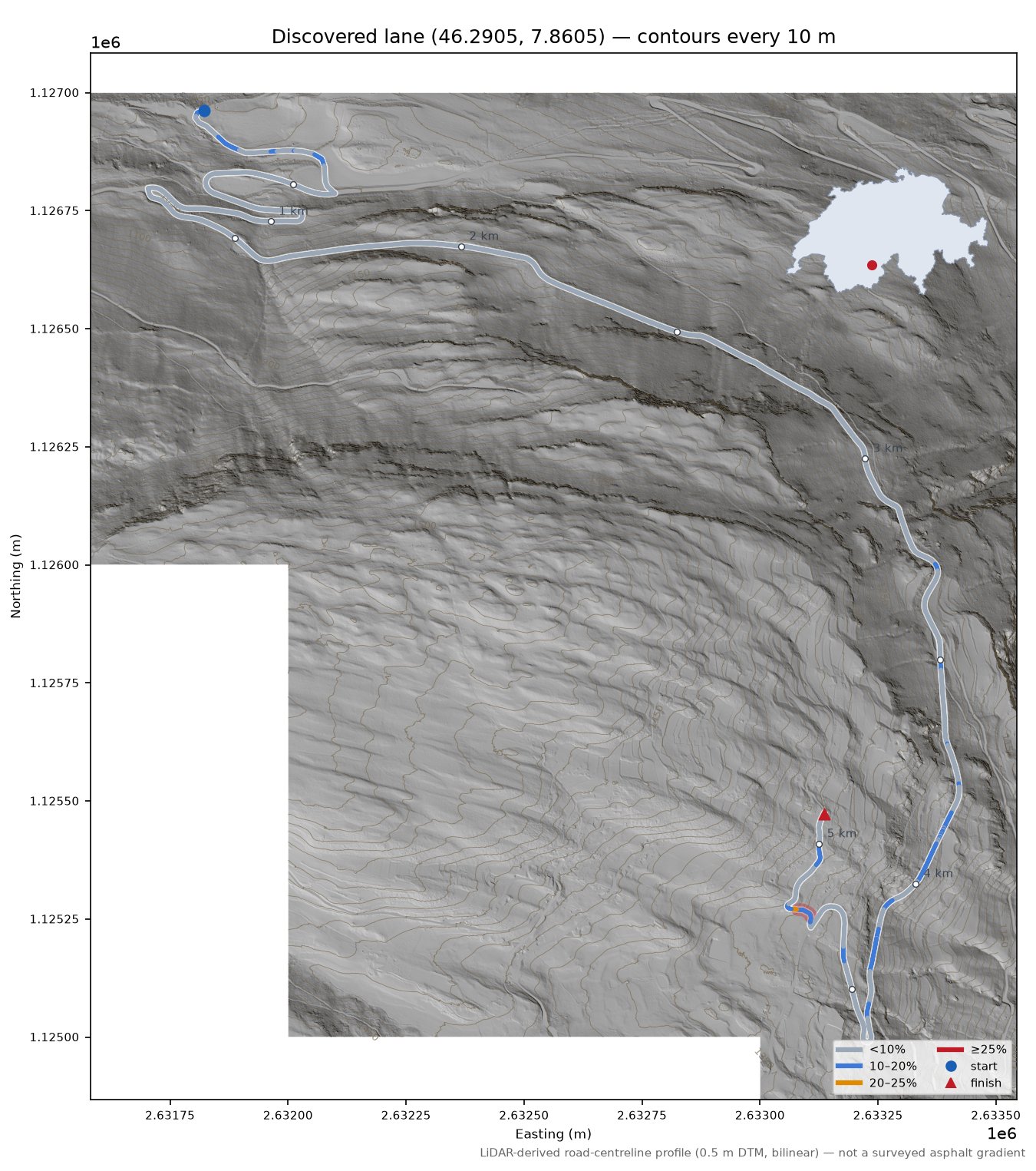 Discovered lane (46.2905, 7.8605) LiDAR hillshade map with contours