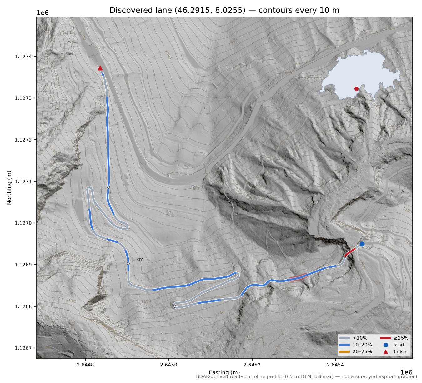 Discovered lane (46.2915, 8.0255) LiDAR hillshade map with contours