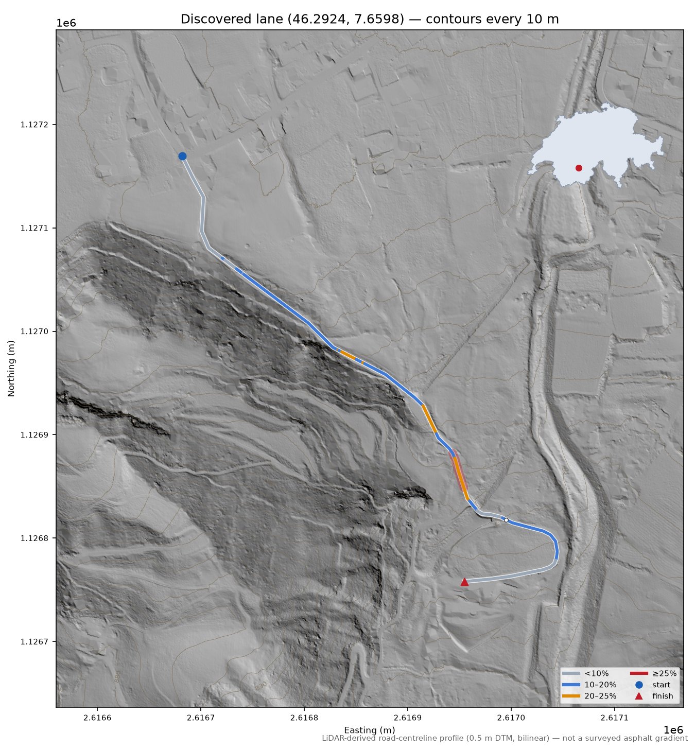 Discovered lane (46.2924, 7.6598) LiDAR hillshade map with contours