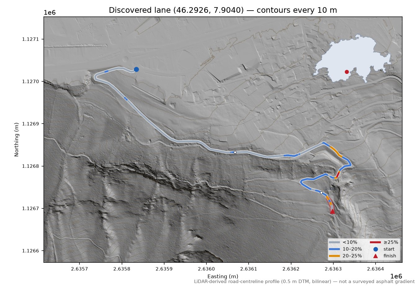 Discovered lane (46.2926, 7.9040) LiDAR hillshade map with contours