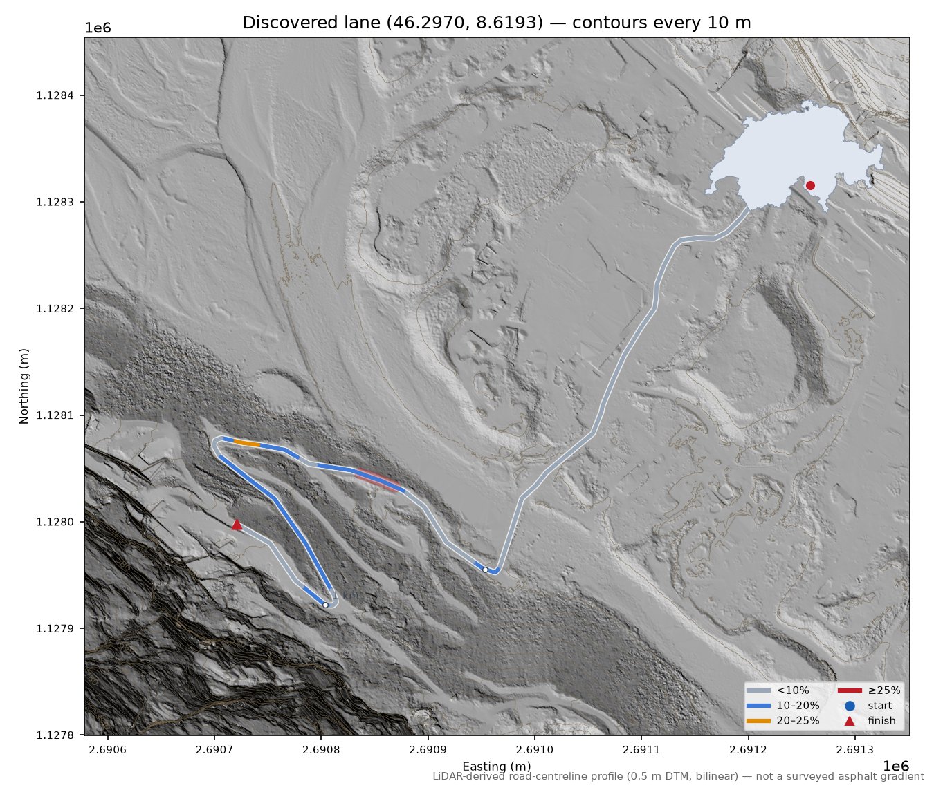 Discovered lane (46.2970, 8.6193) LiDAR hillshade map with contours