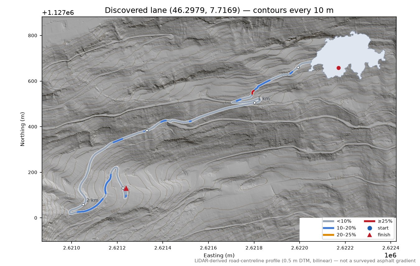 Discovered lane (46.2979, 7.7169) LiDAR hillshade map with contours