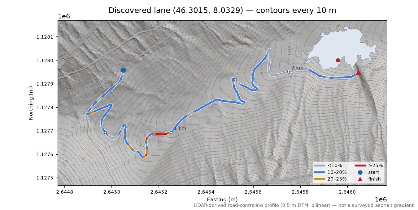 Discovered lane (46.3015, 8.0329) LiDAR hillshade map with contours
