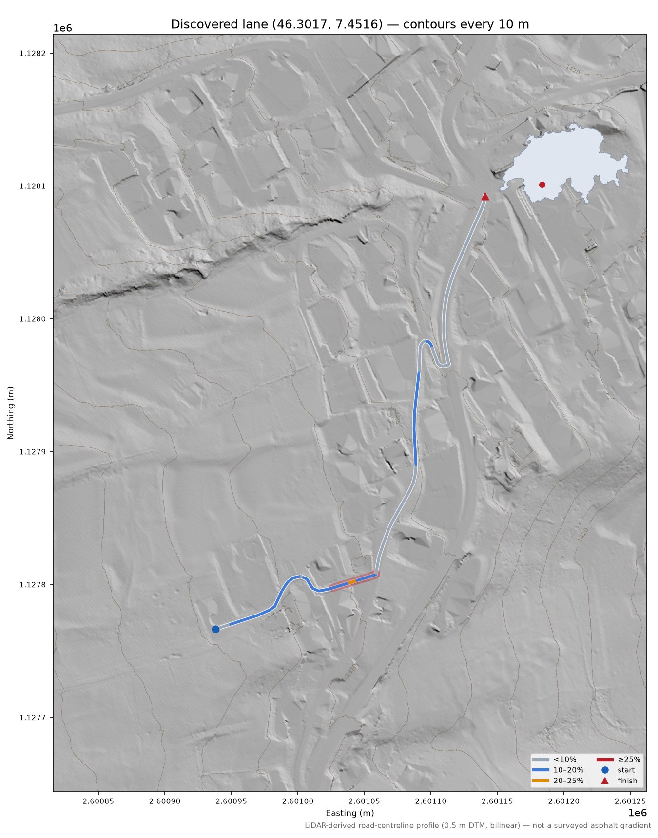 Discovered lane (46.3017, 7.4516) LiDAR hillshade map with contours