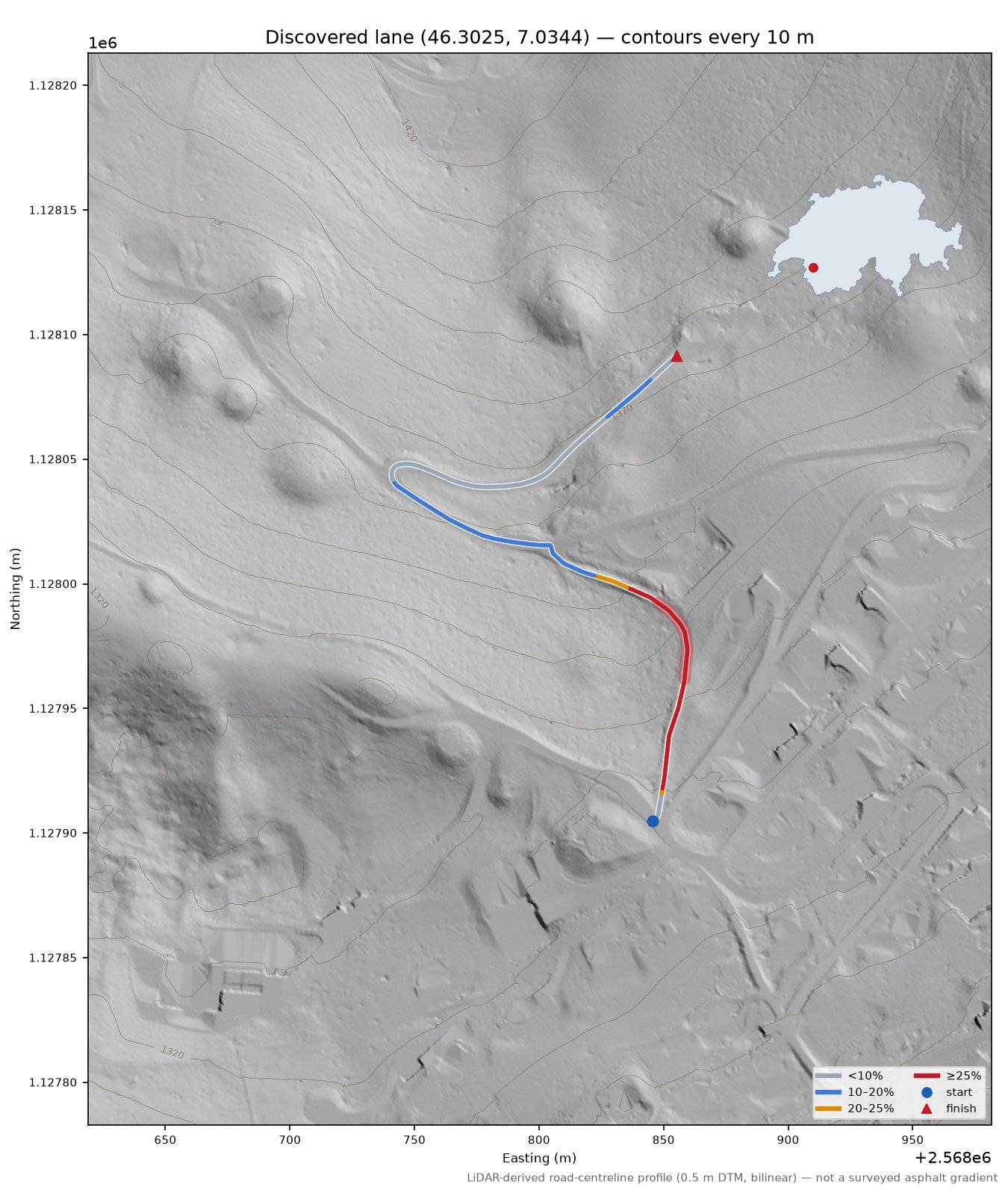 Discovered lane (46.3025, 7.0344) LiDAR hillshade map with contours
