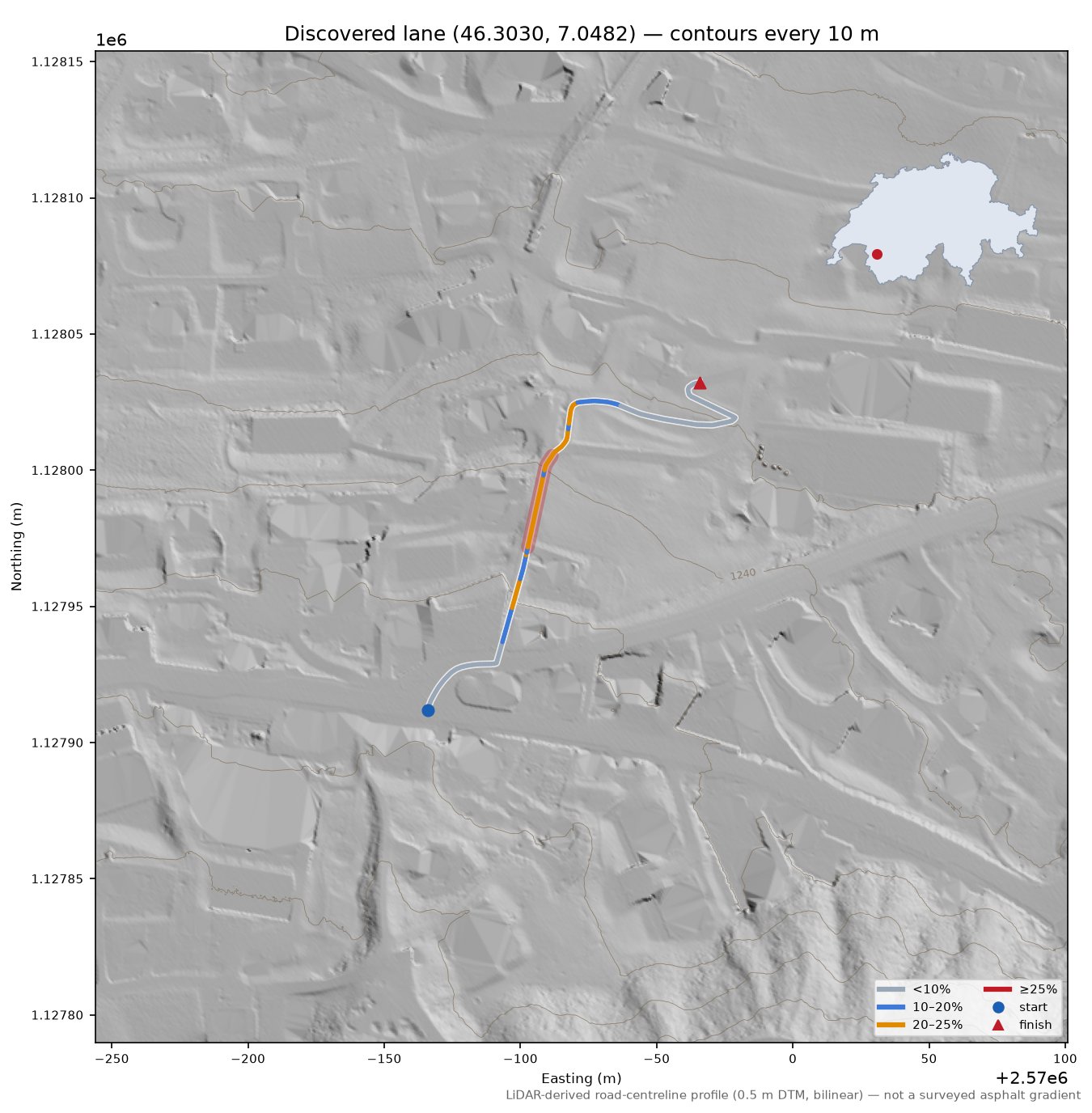 Discovered lane (46.3030, 7.0482) LiDAR hillshade map with contours