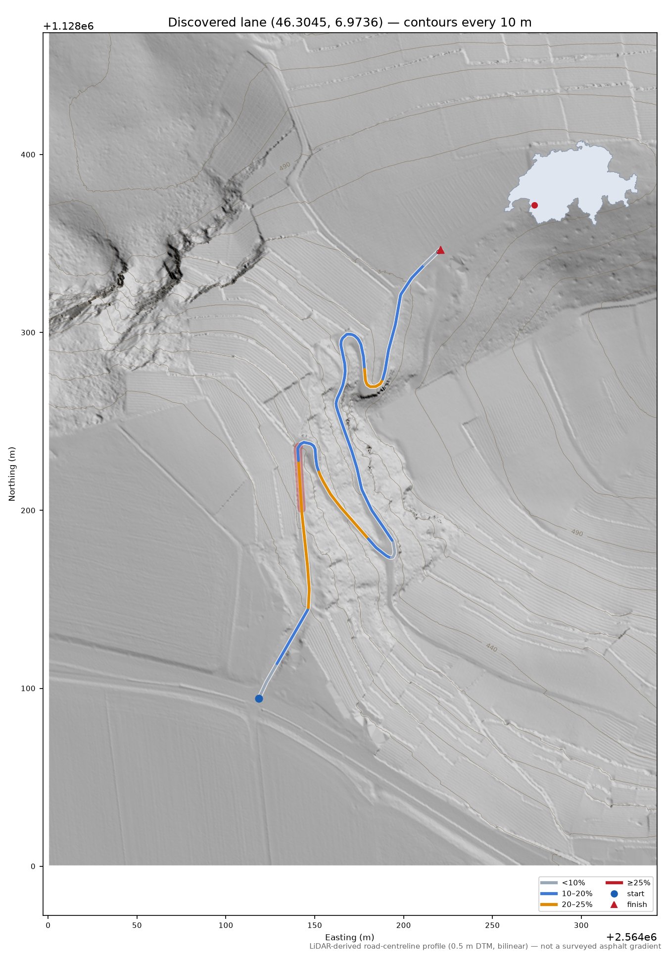 Discovered lane (46.3045, 6.9736) LiDAR hillshade map with contours