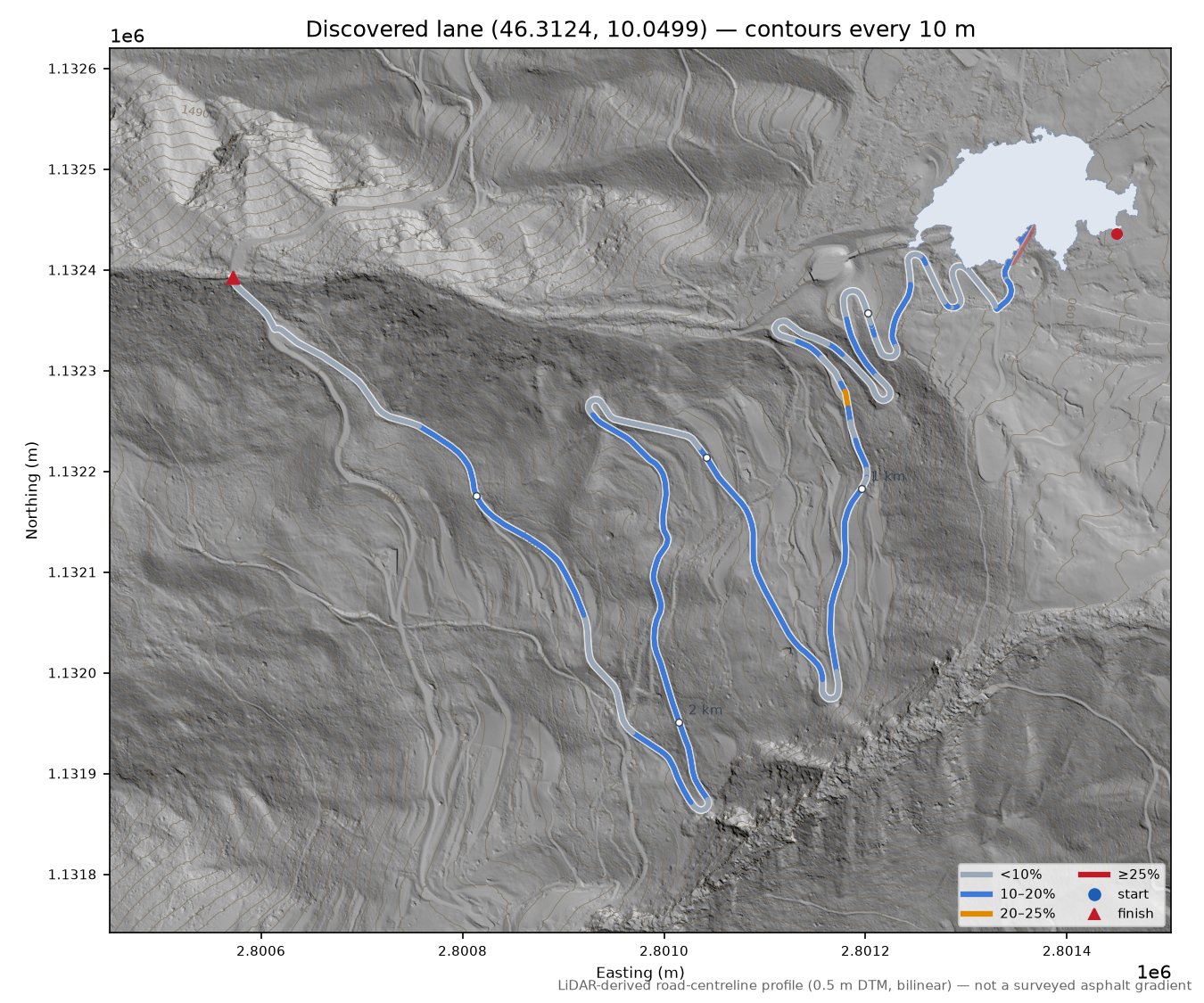 Discovered lane (46.3124, 10.0499) LiDAR hillshade map with contours