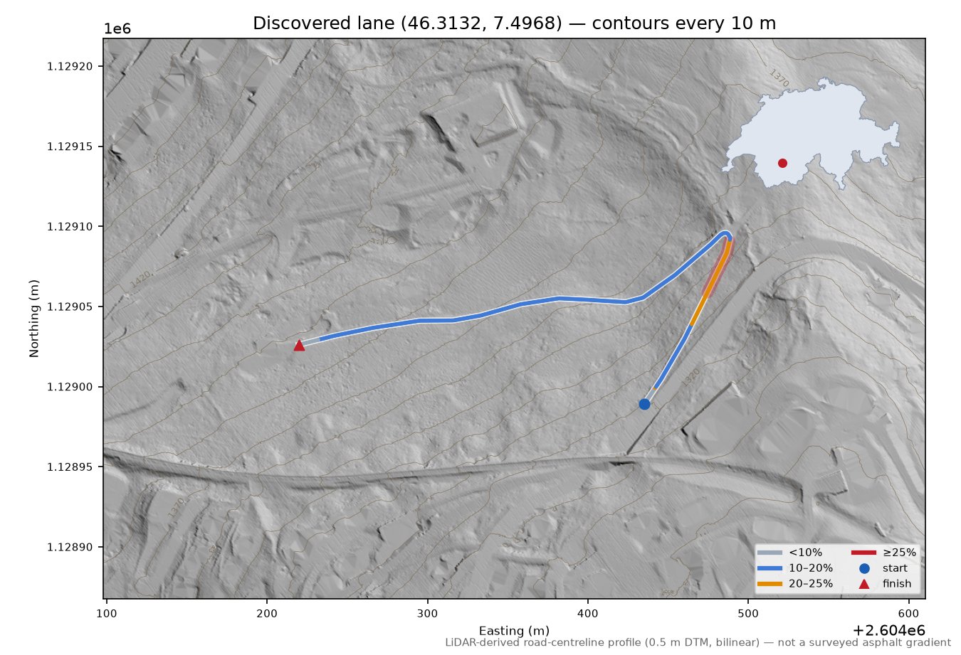 Discovered lane (46.3132, 7.4968) LiDAR hillshade map with contours