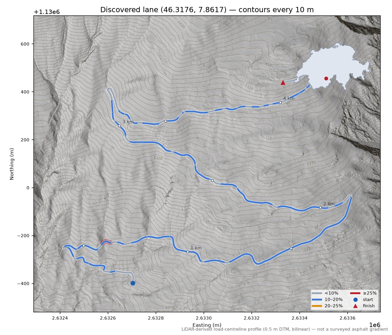 Discovered lane (46.3176, 7.8617) LiDAR hillshade map with contours