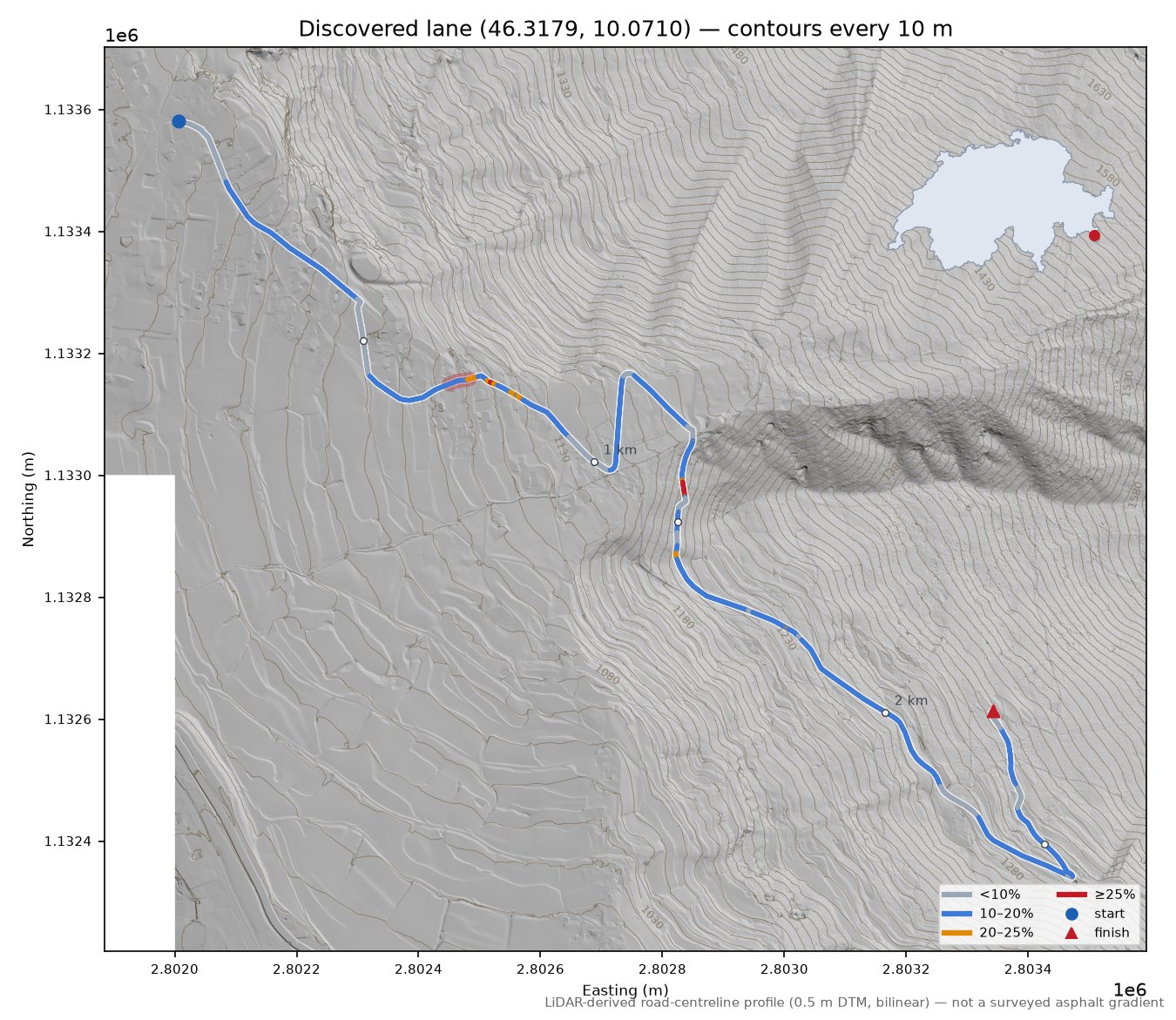 Discovered lane (46.3179, 10.0710) LiDAR hillshade map with contours