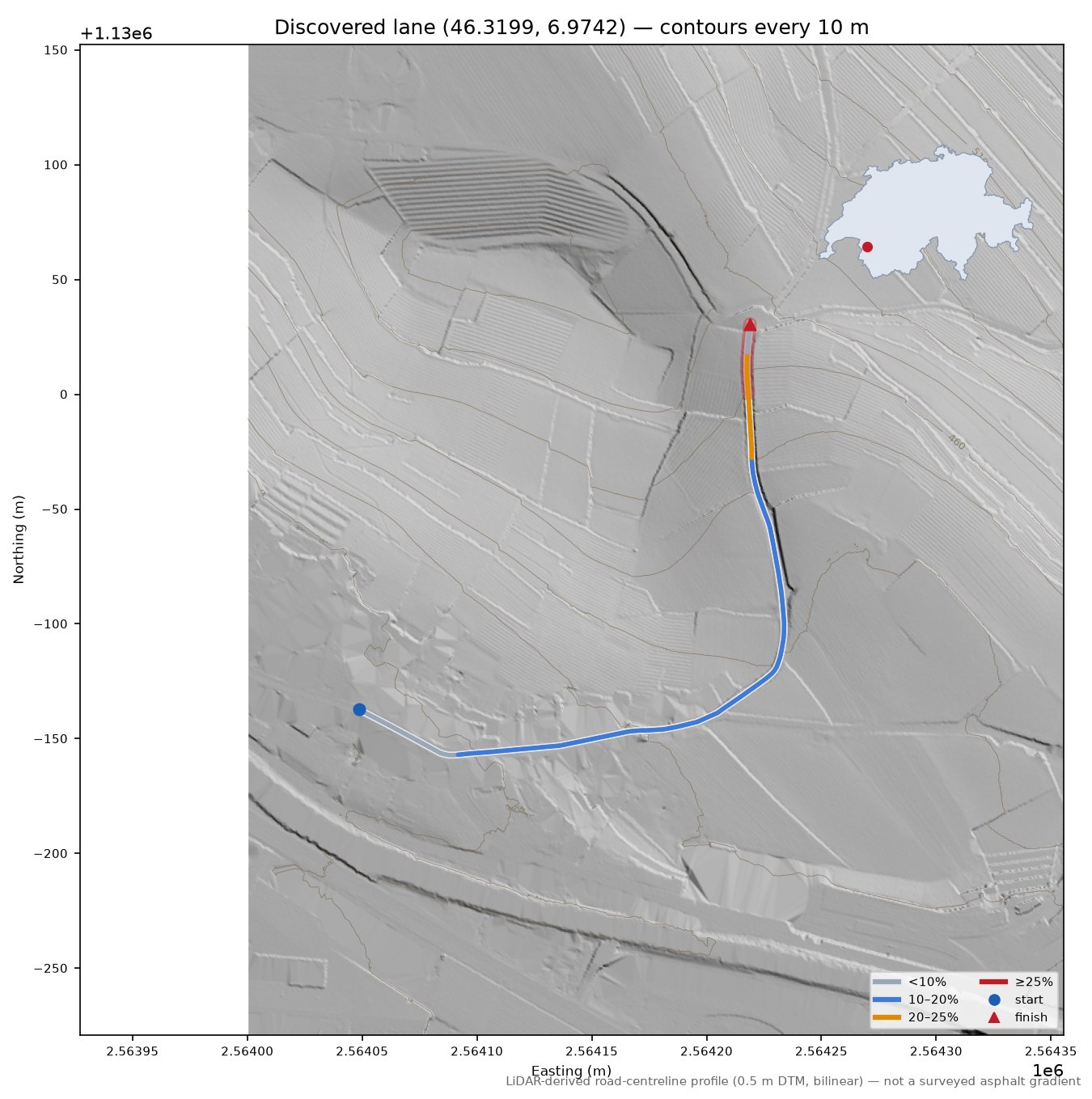 Discovered lane (46.3199, 6.9742) LiDAR hillshade map with contours