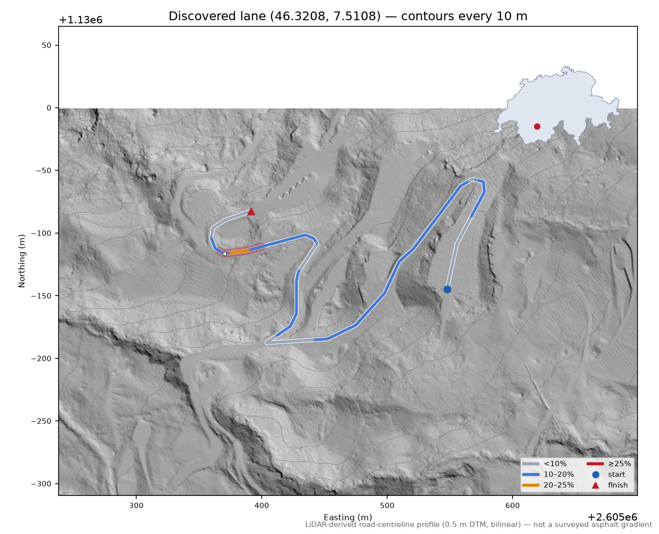 Discovered lane (46.3208, 7.5108) LiDAR hillshade map with contours