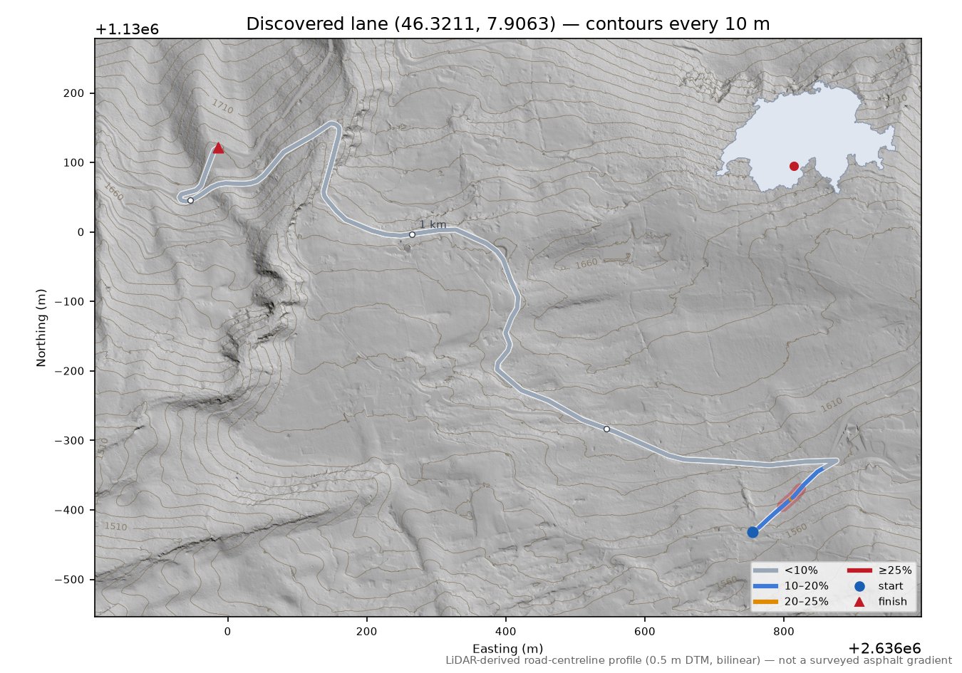 Discovered lane (46.3211, 7.9063) LiDAR hillshade map with contours