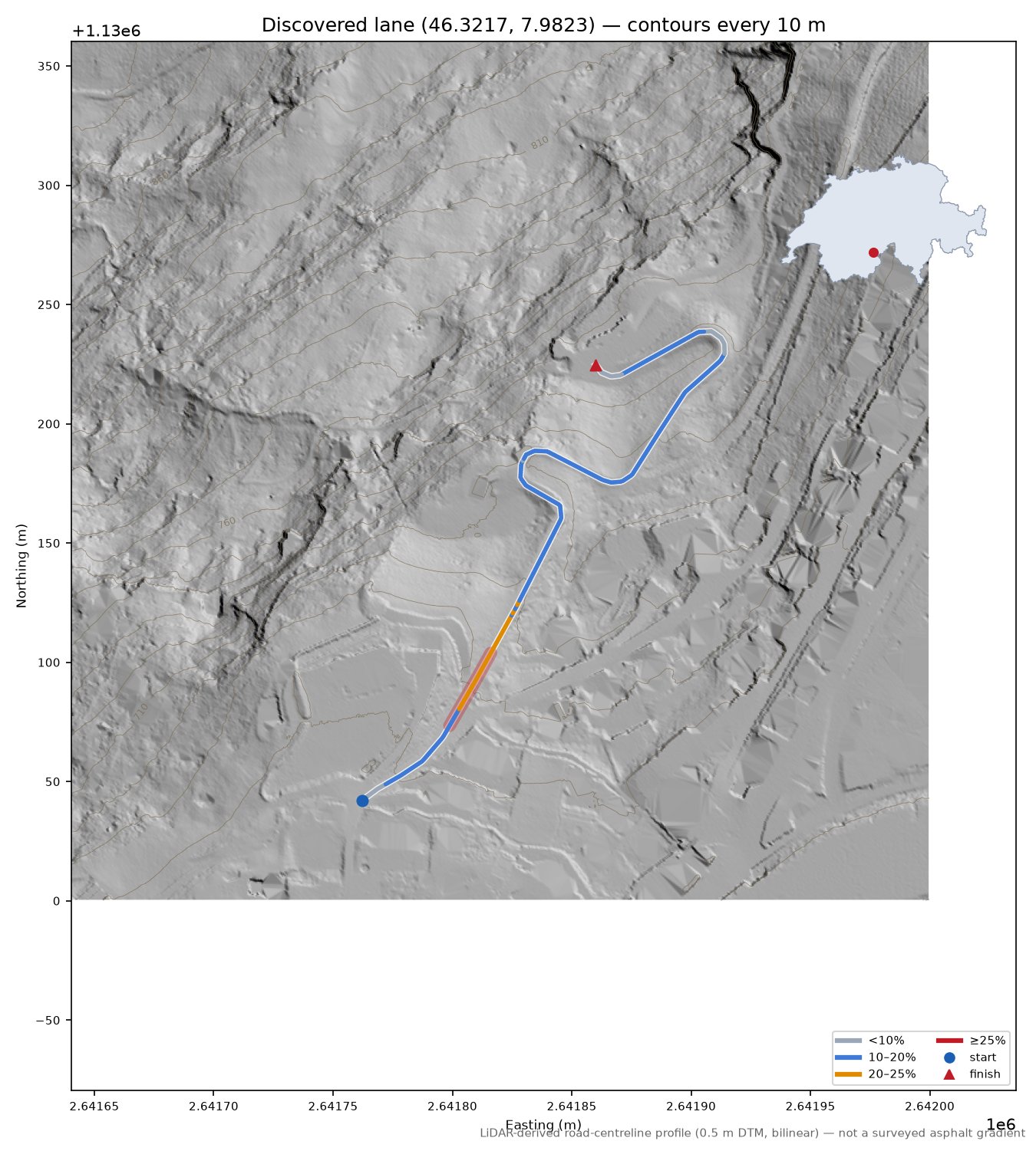 Discovered lane (46.3217, 7.9823) LiDAR hillshade map with contours