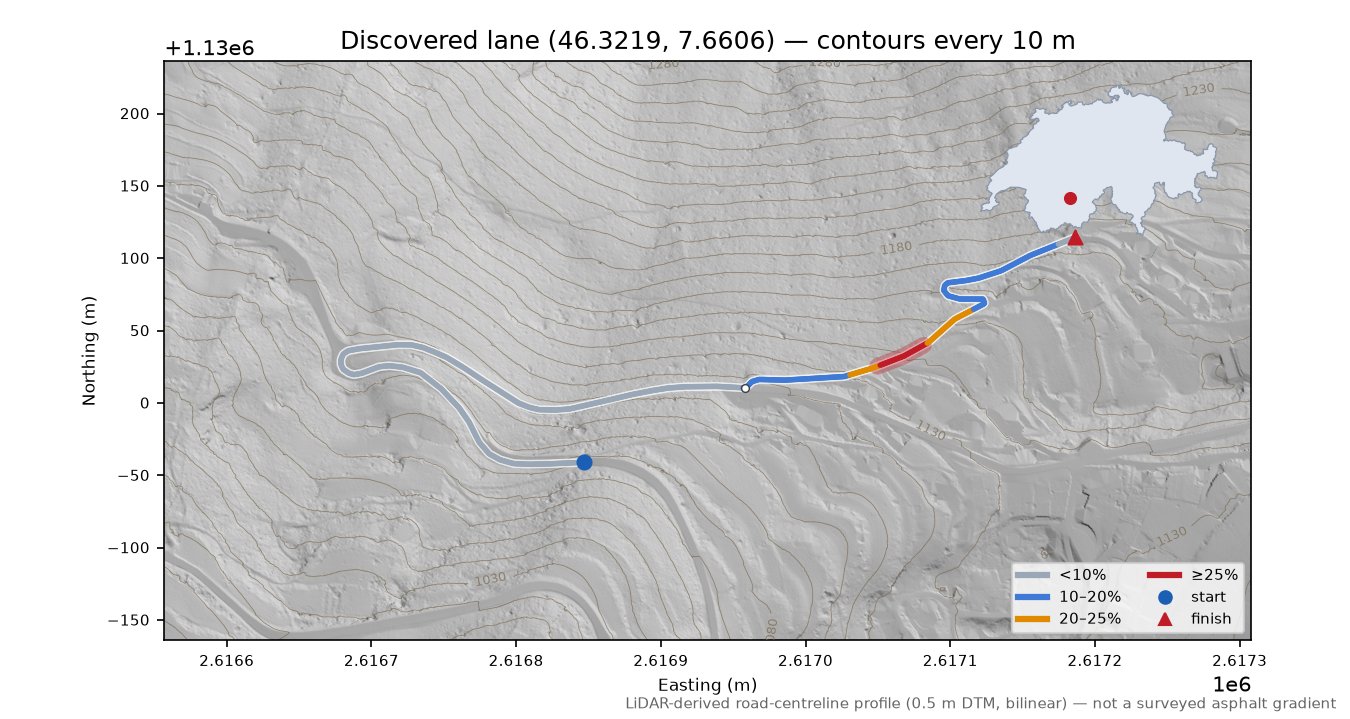 Discovered lane (46.3219, 7.6606) LiDAR hillshade map with contours