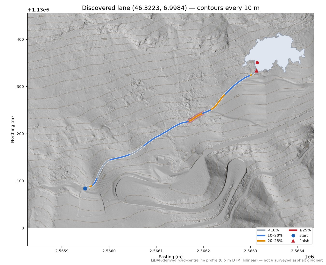 Discovered lane (46.3223, 6.9984) LiDAR hillshade map with contours
