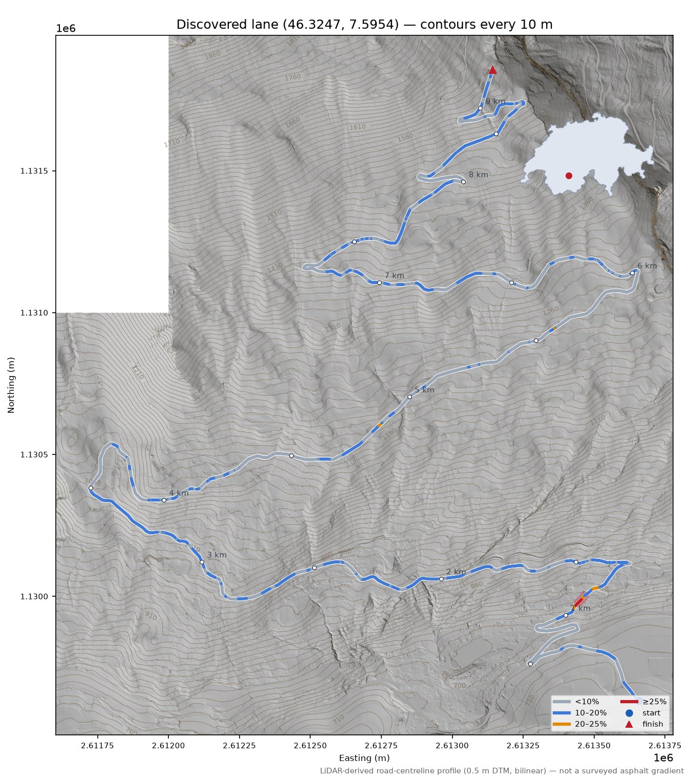 Discovered lane (46.3247, 7.5954) LiDAR hillshade map with contours
