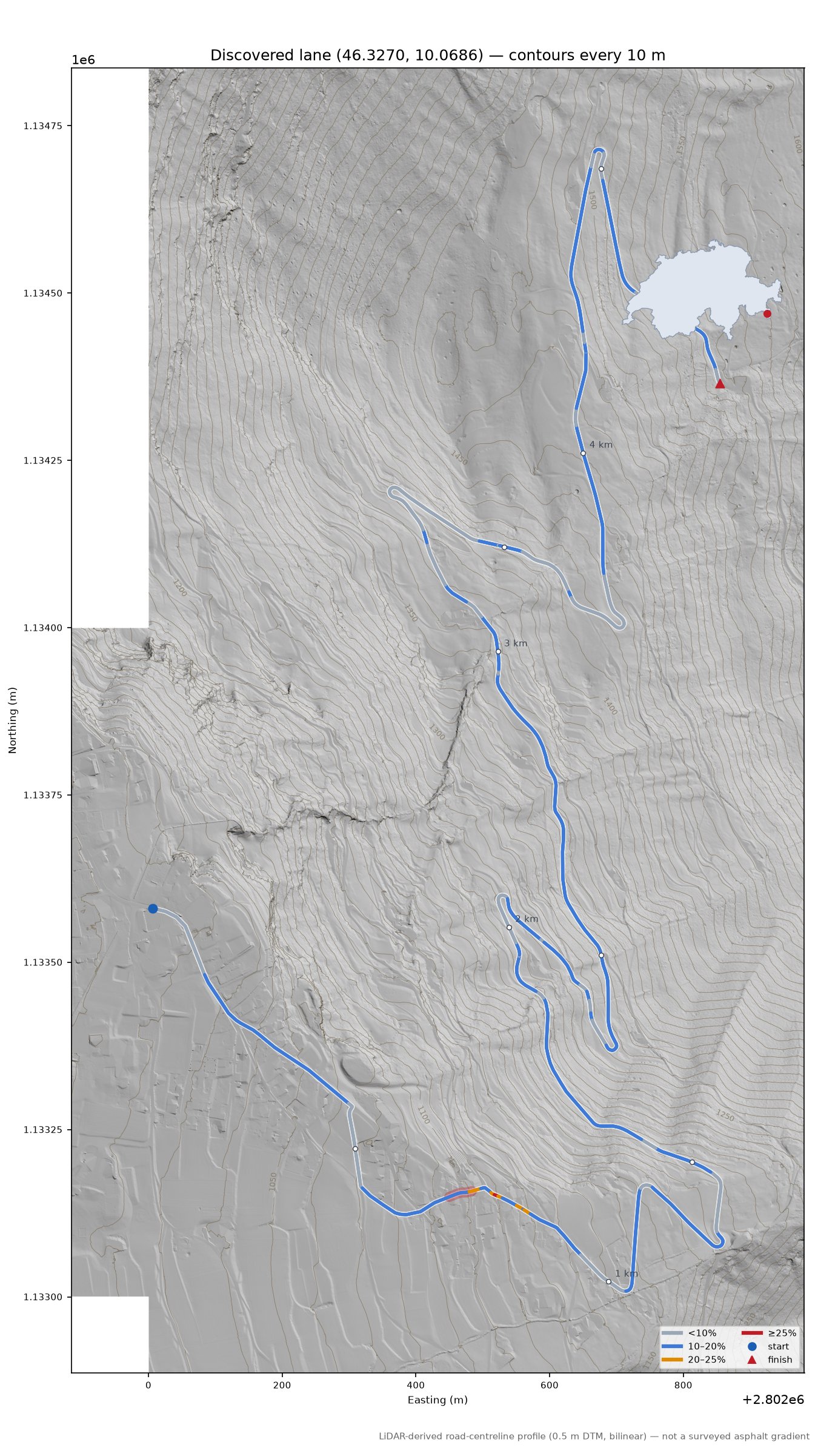 Discovered lane (46.3270, 10.0686) LiDAR hillshade map with contours