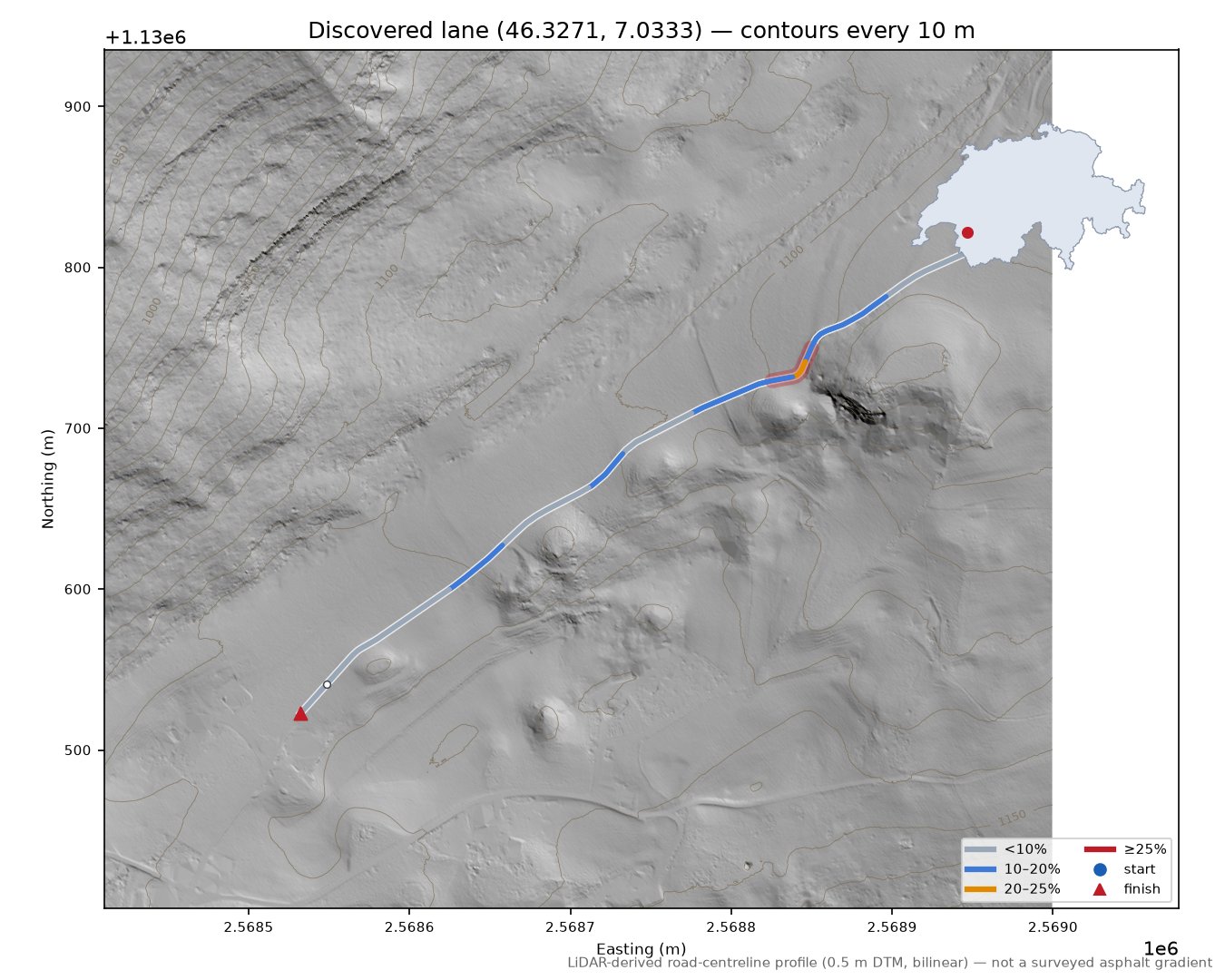 Discovered lane (46.3271, 7.0333) LiDAR hillshade map with contours