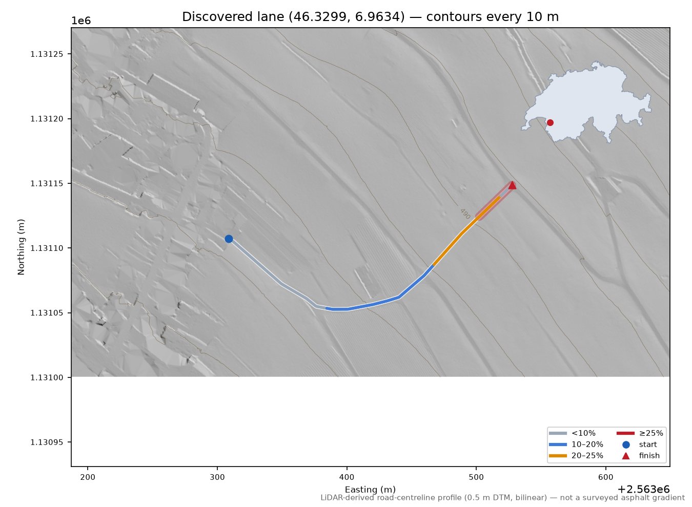 Discovered lane (46.3299, 6.9634) LiDAR hillshade map with contours