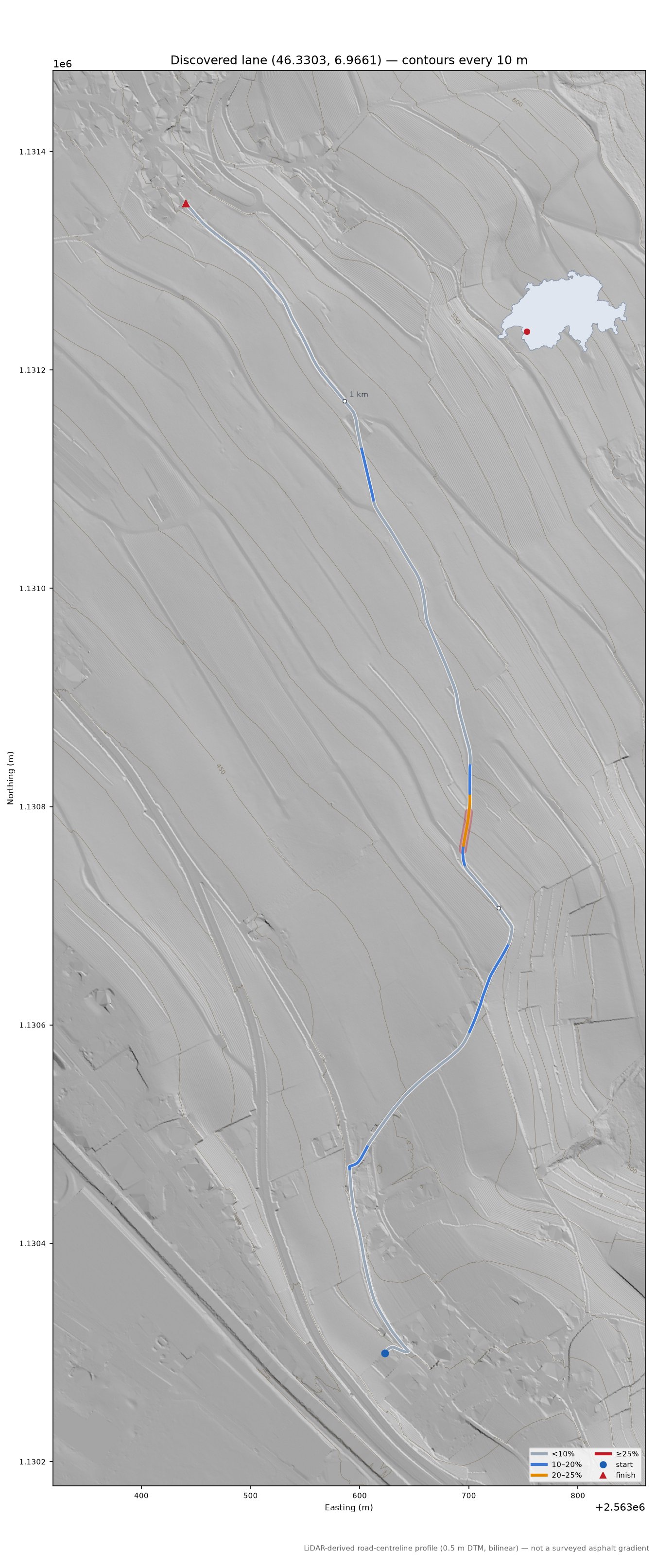 Discovered lane (46.3303, 6.9661) LiDAR hillshade map with contours