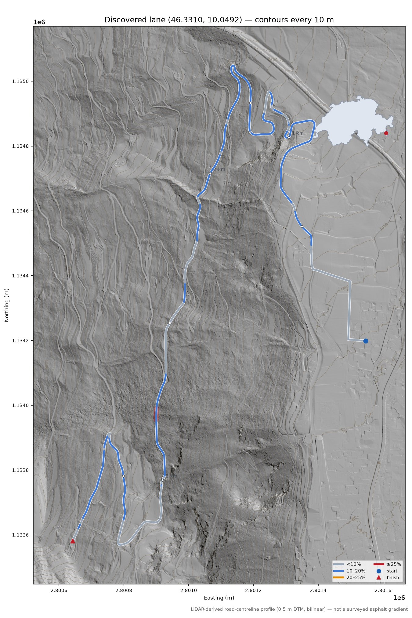 Discovered lane (46.3310, 10.0492) LiDAR hillshade map with contours