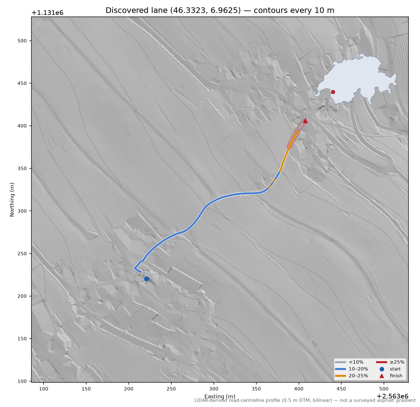 Discovered lane (46.3323, 6.9625) LiDAR hillshade map with contours