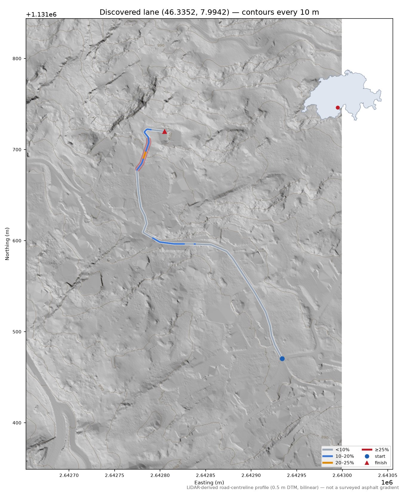 Discovered lane (46.3352, 7.9942) LiDAR hillshade map with contours